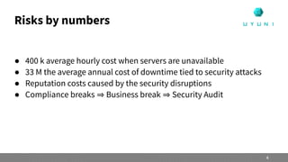 Risks by numbers
● 400 k average hourly cost when servers are unavailable
● 33 M the average annual cost of downtime tied to security attacks
● Reputation costs caused by the security disruptions
● Compliance breaks Business break Security Audit
4
 