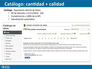 Catálogo: 
canBdad 
+ 
calidad 
Catálogo: 
Repositorio 
abierto 
de 
datos. 
• Nº 
de 
datasets 
a 
11/11/2014: 
150 
• Cu...