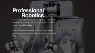 Professional
Robotics
The total number of professional service robots sold in 2015 rose
considerably by 25% to 41,060 units accounting for a total sales
number of about US$ 5 billion.
 
The most representative areas within 2015 are logistic systems,
service robots in defense applications, milking robots and medical
robots.
 