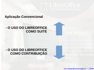 Aplicação Convencional
- O USO DO LIBREOFFICE
COMO SUITE
- O USO DO LIBREOFFICE
COMO CONTRIBUIÇÃO
luiz.rauber@urisantiago.br –- 23/46
 