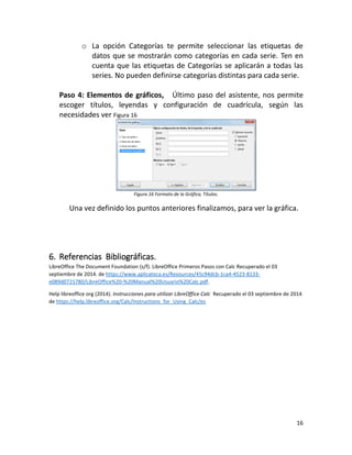 16
o La opción Categorías te permite seleccionar las etiquetas de
datos que se mostrarán como categorías en cada serie. Ten en
cuenta que las etiquetas de Categorías se aplicarán a todas las
series. No pueden definirse categorías distintas para cada serie.
Paso 4: Elementos de gráficos, Último paso del asistente, nos permite
escoger títulos, leyendas y configuración de cuadrícula, según las
necesidades ver Figura 16
Figura 16 Formato de la Gráfica, Títulos.
Una vez definido los puntos anteriores finalizamos, para ver la gráfica.
6. Referencias Bibliográficas.
LibreOffice The Document Foundation (s/f). LibreOffice Primeros Pasos con Calc Recuperado el 03
septiembre de 2014. de https://www.aplicateca.es/Resources/45c94dcb-1ca4-4523-8133-
e089d0721780/LibreOffice%20-%20Manual%20Usuario%20Calc.pdf.
Help libreoffice org (2014). Instrucciones para utilizar LibreOffice Calc Recuperado el 03 septiembre de 2014
de https://help.libreoffice.org/Calc/Instructions_for_Using_Calc/es
 