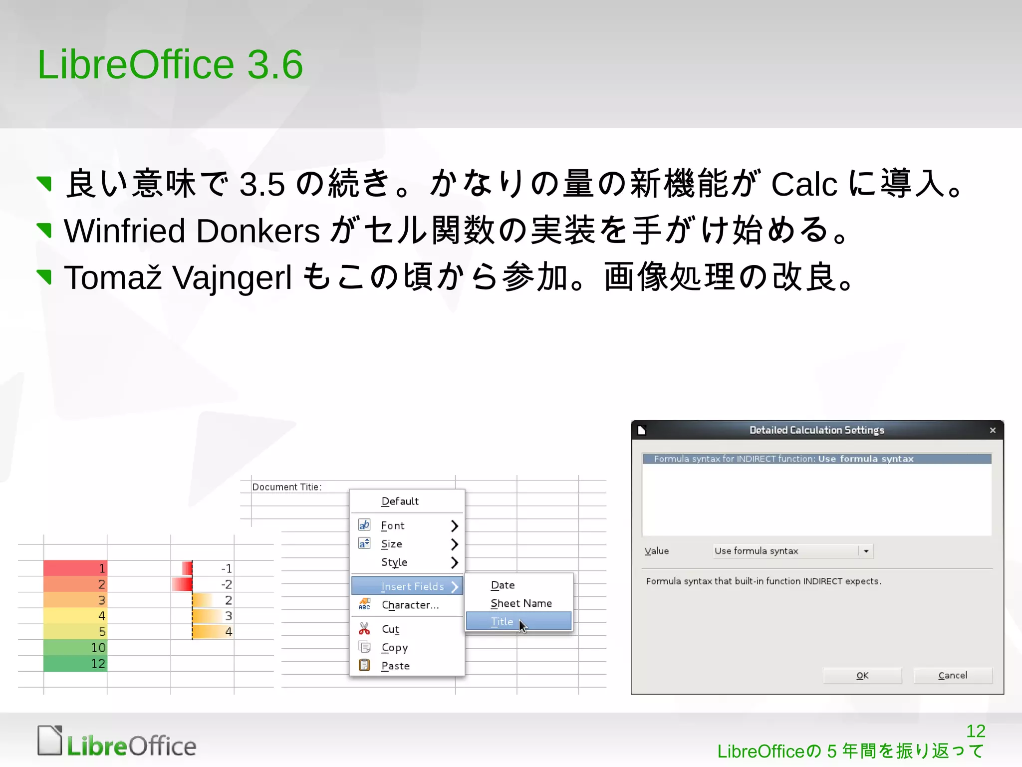 12
LibreOfficeの５年間を振り返って
LibreOffice 3.6
良い意味で 3.5 の続き。かなりの量の新機能が Calc に導入。
Winfried Donkers がセル関数の実装を手がけ始める。
Tomaž Vajngerl もこの頃から参加。画像処理の改良。
 