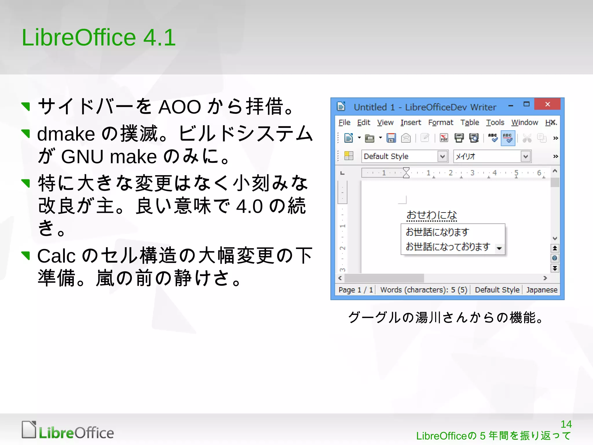 14
LibreOfficeの５年間を振り返って
LibreOffice 4.1
サイドバーを AOO から拝借。
dmake の撲滅。ビルドシステム
が GNU make のみに。
特に大きな変更はなく小刻みな
改良が主。良い意味で 4.0 の続
き。
Calc のセル構造の大幅変更の下
準備。嵐の前の静けさ。
グーグルの湯川さんからの機能。
 