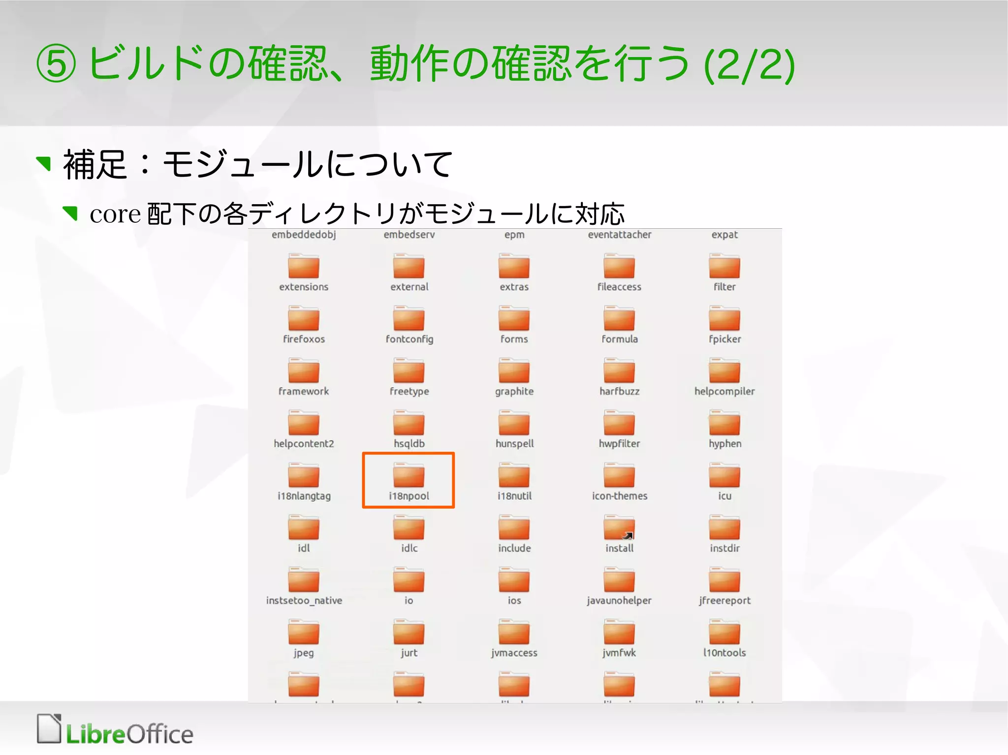 ⑤ ビルドの確認、動作の確認を行う (2/2)
補足：モジュールについて
core 配下の各ディレクトリがモジュールに対応
 