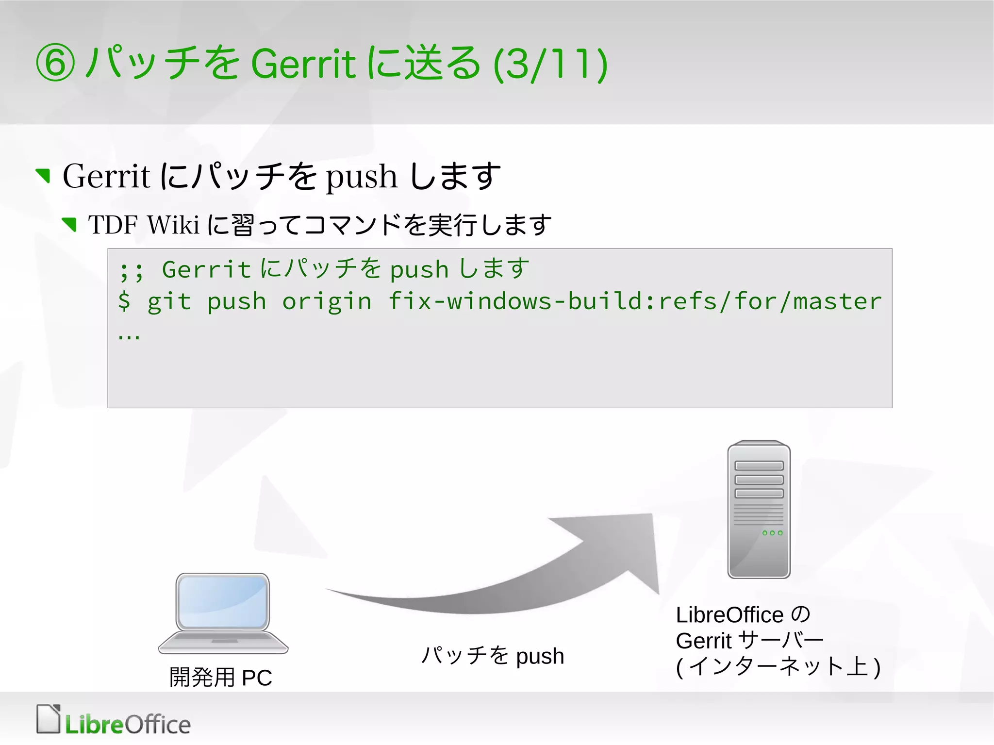 ⑥ パッチを Gerrit に送る (3/11)
Gerrit にパッチを push します
TDF Wiki に習ってコマンドを実行します
;; Gerrit にパッチを push します
$ git push origin fix-windows-build:refs/for/master
…
パッチを push
開発用 PC
LibreOffice の
Gerrit サーバー
( インターネット上 )
 