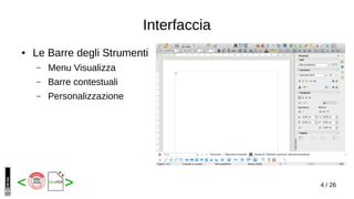 4 / 26< >
Interfaccia
● Le Barre degli Strumenti
– Menu Visualizza
– Barre contestuali
– Personalizzazione
 