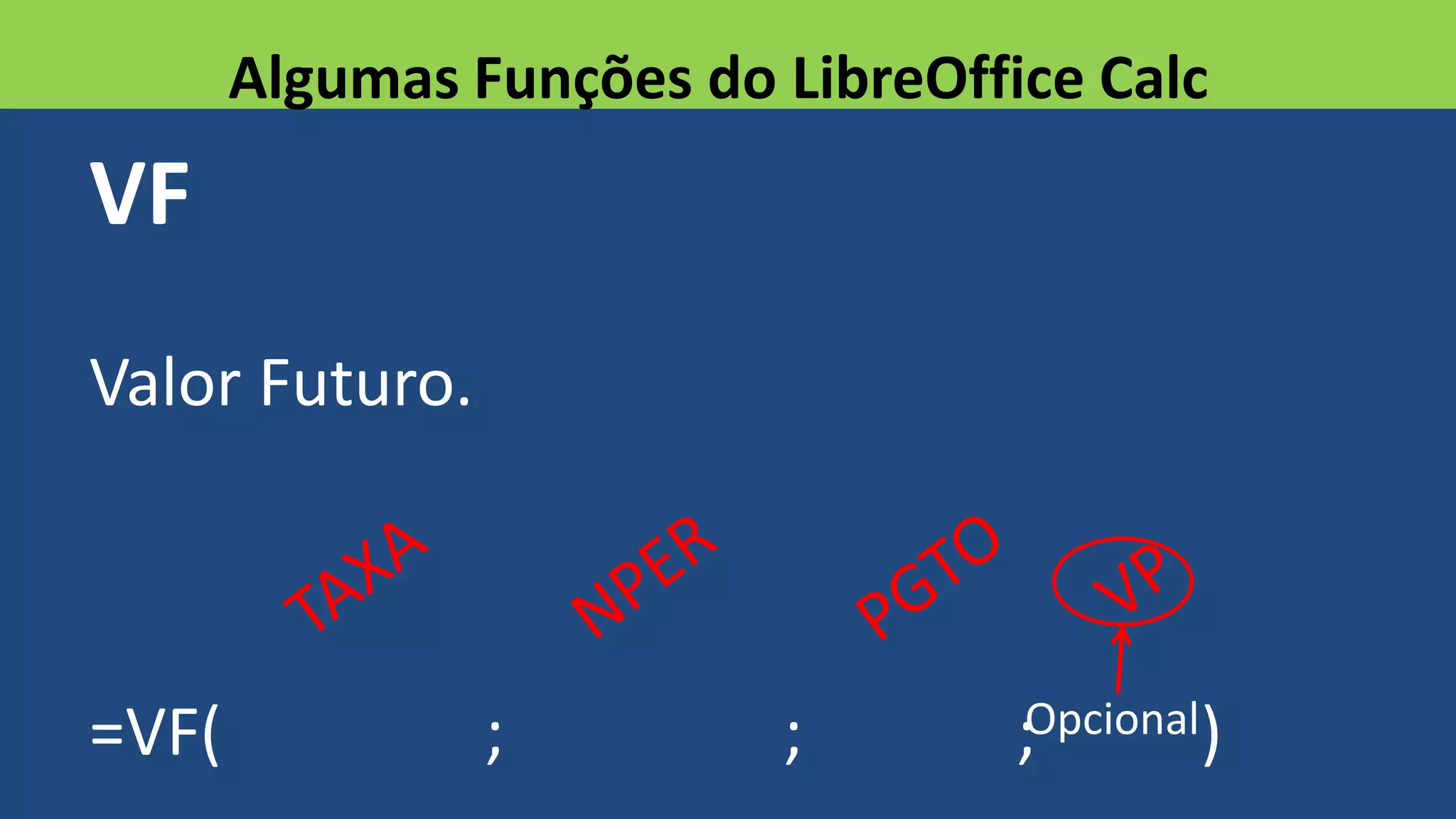 VF
Valor Futuro.
=VF( ; ; ; )
Algumas Funções do LibreOffice Calc
Opcional
 