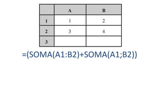 =(SOMA(A1:B2)+SOMA(A1;B2))
 