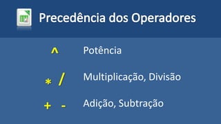 ^
* /
+ -
Potência
Multiplicação, Divisão
Adição, Subtração
 