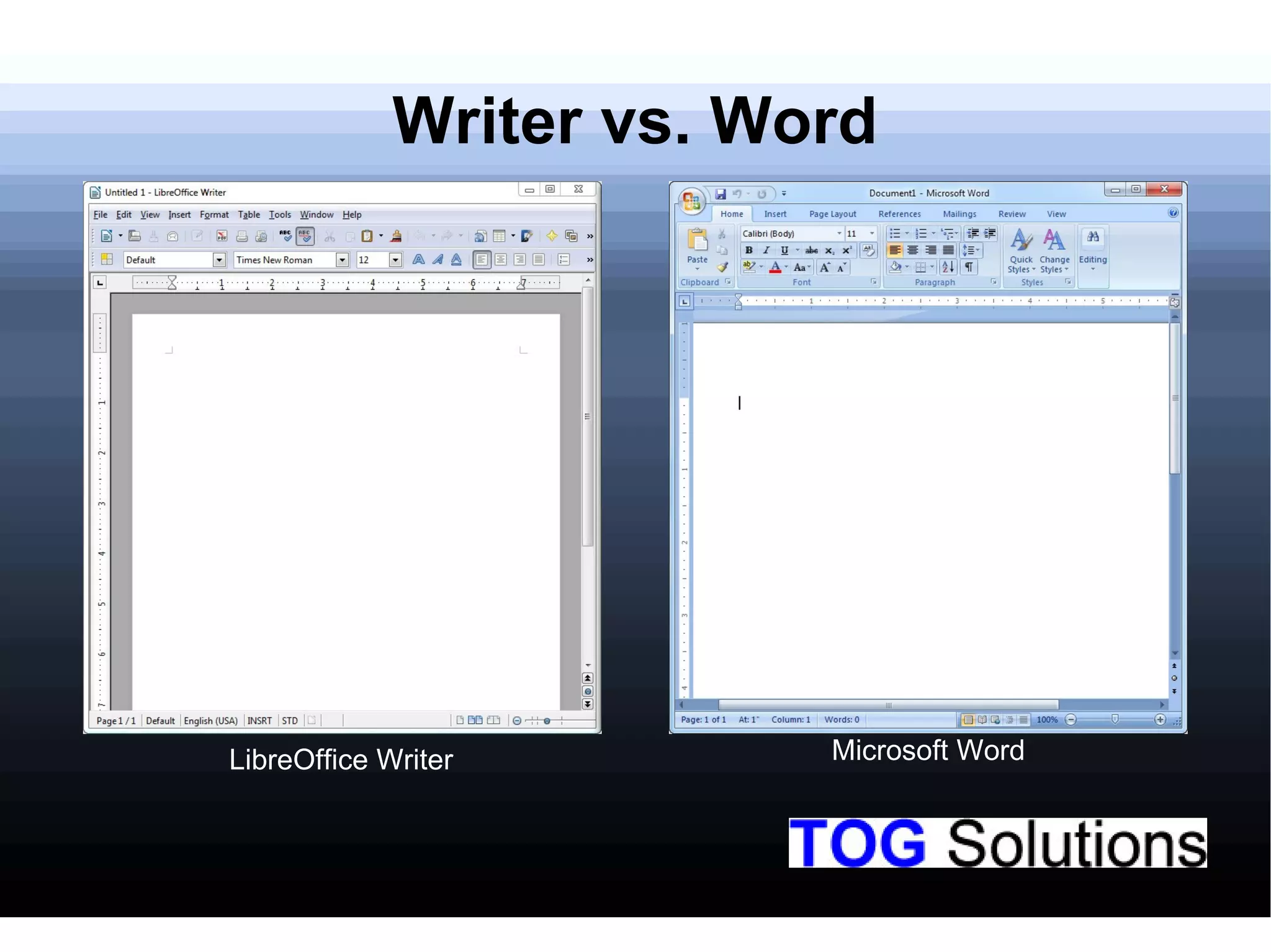 Writer vs. Word
LibreOffice Writer Microsoft Word