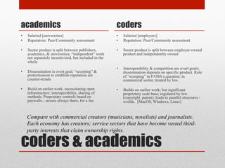coders & academics
academics
• Salaried [universities]
• Reputation: Peer/Community assessment
• Sector product is split between publishers, academics,
& universities; “independent” work not separately
incentivized, but included in the whole
• Dissemination is overt goal; “scooping” &
protectionism to establish reputation are counter-trends
• Build on earlier work, necessitating open
infrastructure; interoperability, sharing of methods.
Proprietary controls based on paywalls—access
always there, for a fee.
coders
• Salaried [employers]
• Reputation: Peer/Community assessment
• Sector product is split between employer-owned product
and independently owned
• Interoperability & competition are overt goals;
dissemination depends on specific product. Role of
“scooping” in F/OSS a question; in commercial sector,
treated by law.
• Builds on earlier work; but significant proprietary code
base; regulated by law (copyright, patent); leads to
parallel structures / worlds. [MacOS, Windows, Linux]
Compare with commercial creators (musicians, novelists) and journalists.
Each economy has creators; service sectors that have become vested third-
party interests that claim ownership rights.
 