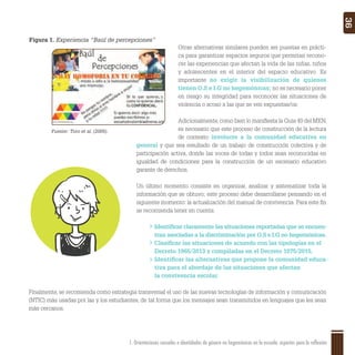 1. Orientaciones sexuales e identidades de género no hegemónicas en la escuela: aspectos para la reflexión 36
Fuente: Toro et al. (2005).
Figura 1. Experiencia “Baúl de percepciones”
Otras alternativas similares pueden ser puestas en prácti-
ca para garantizar espacios seguros que permitan recono-
cer las experiencias que afectan la vida de las niñas, niños
y adolescentes en el interior del espacio educativo. Es
importante no exigir la visibilización de quienes
tienen O.S e I.G no hegemónicas; no es necesario poner
en riesgo su integridad para reconocer las situaciones de
violencia o acoso a las que se ven expuestas/os.
Adicionalmente,como bien lo maniﬁesta la Guía 49 del MEN,
es necesario que este proceso de construcción de la lectura
de contexto involucre a la comunidad educativa en
general y que sea resultado de un trabajo de construcción colectiva y de
participación activa, donde las voces de todas y todos sean reconocidas en
igualdad de condiciones para la construcción de un escenario educativo
garante de derechos.
Un último momento consiste en organizar, analizar y sistematizar toda la
información que se obtuvo; este proceso debe desarrollarse pensando en el
siguiente momento: la actualización del manual de convivencia. Para este ﬁn
se recomienda tener en cuenta:
Identiﬁcar claramente las situaciones reportadas que se encuen-
tran asociadas a la discriminación por O.S e I.G no hegemónicas.
Clasiﬁcar las situaciones de acuerdo con las tipologías en el
Decreto 1965/2013 y compiladas en el Decreto 1075/2015.
Identiﬁcar las alternativas que propone la comunidad educa-
tiva para el abordaje de las situaciones que afectan
la convivencia escolar.
Finalmente, se recomienda como estrategia transversal el uso de las nuevas tecnologías de información y comunicación
(NTIC) más usadas por las y los estudiantes, de tal forma que los mensajes sean transmitidos en lenguajes que les sean
más cercanos.
 