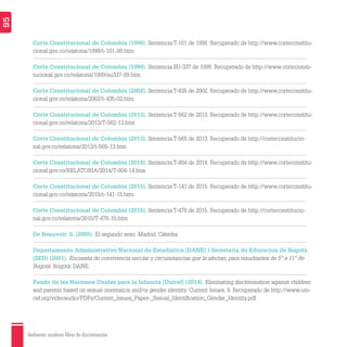 Ambientes escolares libres de discriminación
95
Corte Constitucional de Colombia (1998). Sentencia T-101 de 1998. Recuperado de http://www.corteconstitu-
cional.gov.co/relatoria/1998/t-101-98.htm
Corte Constitucional de Colombia (1999). Sentencia SU-337 de 1999. Recuperado de http://www.corteconsti-
tucional.gov.co/relatoria/1999/su337-99.htm
Corte Constitucional de Colombia (2002). Sentencia T-435 de 2002. Recuperado de http://www.corteconstitu-
cional.gov.co/relatoria/2002/t-435-02.htm
Corte Constitucional de Colombia (2013). Sentencia T-562 de 2013. Recuperado de http://www.corteconstitu-
cional.gov.co/relatoria/2013/T-562-13.htm
Corte Constitucional de Colombia (2013). Sentencia T-565 de 2013. Recuperado de http://corteconstitucio-
nal.gov.co/relatoria/2013/t-565-13.htm
Corte Constitucional de Colombia (2014). Sentencia T-804 de 2014. Recuperado de http://www.corteconstitu-
cional.gov.co/RELATORIA/2014/T-804-14.htm
Corte Constitucional de Colombia (2015). Sentencia T-141 de 2015. Recuperado de http://www.corteconstitu-
cional.gov.co/relatoria/2015/t-141-15.htm
Corte Constitucional de Colombia (2015). Sentencia T-478 de 2015. Recuperado de http://corteconstitucio-
nal.gov.co/relatoria/2015/T-478-15.htm
De Beauvoir, S. (2005). El segundo sexo. Madrid: Cátedra.
Departamento Administrativo Nacional de Estadística (DANE) i Secretaría de Educación de Bogotá
(SED) (2001). Encuesta de convivencia escolar y circunstancias que la afectan, para estudiantes de 5° a 11° de
Bogotá. Bogotá: DANE.
Fondo de las Naciones Unidas para la Infancia (Unicef) (2014). Eliminating discrimination against children
and parents based on sexual orientation and/or gender identity. Current Issues, 9. Recuperado de http://www.uni-
cef.org/videoaudio/PDFs/Current_Issues_Paper-_Sexual_Identiﬁcation_Gender_Identity.pdf
 