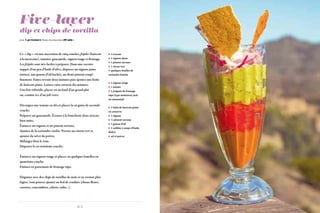 64 65
Five-layer
dip et chips de tortilla
 2 avocats
 1 oignon jaune
 1 piment serrano
 1 citron vert
 quelques feuilles de
coriandre fraîche
 1 oignon rouge
 1 tomate
 1 poignée de fromage
râpé (type monterrey jack
ou emmental)
 1 boîte de haricots pinto
en conserve
 1 oignon
 ½ piment serrano
 1 gousse d’ail
 1 cuillère à soupe d’huile
d’olive
 sel et poivre
Ce « dip » est une succession de cinq couches, frijoles (haricots
à la mexicaine), tomates, guacamole, oignon rouge et fromage.
Les frijoles sont très faciles à préparer. Dans une cocotte
nappée d’un peu d’huile d’olive, disposez un oignon jaune
émincé, une gousse d’ail hachée, un demi-piment coupé
finement. Faites revenir deux minutes puis ajoutez une boîte
de haricots pinto. Laissez cuire environ dix minutes.
Une fois refroidis, placez-en au fond d’un grand plat
ou, comme ici, d’un joli verre.
Découpez une tomate en dés et placez-la en guise de seconde
couche.
Préparez un guacamole. écrasez à la fourchette deux avocats
bien mûrs.
Émincez un oignon et un piment serrano.
Ajoutez de la coriandre ciselée. Pressez un citron vert et
ajoutez du sel et du poivre.
Mélangez bien le tout.
Disposez-le en troisième couche.
Émincez un oignon rouge et placez-en quelques lamelles en
quatrième couche.
Finissez en parsemant de fromage râpé.
Dégustez avec des chips de tortillas de maïs et en version plus
légère, vous pouvez ajouter un bol de crudités (choux-fleurs,
carottes, concombres, céleris, radis...).
pour 4 personnes Temps de préparation 20 min s
 