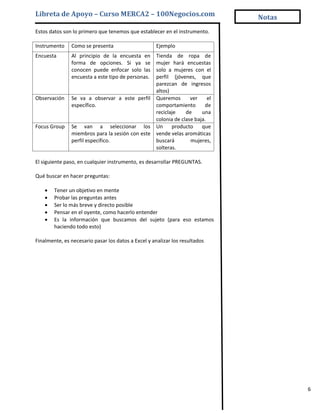 Libreta de Apoyo – Curso MERCA2 – 100Negocios.com                            Notas
Estos datos son lo primero que tenemos que establecer en el instrumento.

Instrumento    Como se presenta                      Ejemplo
Encuesta       Al principio de la encuesta en   Tienda de ropa de
               forma de opciones. Si ya se      mujer hará encuestas
               conocen puede enfocar solo las   solo a mujeres con el
               encuesta a este tipo de personas.perfil (jóvenes, que
                                                parezcan de ingresos
                                                altos)
Observación    Se va a observar a este perfil Queremos         ver     el
               específico.                      comportamiento       de
                                                reciclaje    de     una
                                                colonia de clase baja.
Focus Group    Se van a seleccionar los Un             producto     que
               miembros para la sesión con este vende velas aromáticas
               perfil específico.               buscará        mujeres,
                                                solteras.

El siguiente paso, en cualquier instrumento, es desarrollar PREGUNTAS.

Qué buscar en hacer preguntas:

       Tener un objetivo en mente
       Probar las preguntas antes
       Ser lo más breve y directo posible
       Pensar en el oyente, como hacerlo entender
       Es la información que buscamos del sujeto (para eso estamos
        haciendo todo esto)

Finalmente, es necesario pasar los datos a Excel y analizar los resultados




                                                                                     6
 