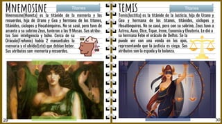 30
29
Mnemosine temis
Temis(Iustitia) es la titánide de la Justicia, hija de Urano y
Gea y hermana de los titanes, titánides, cíclopes y
Hecatónquiros. No se casó, pero con su sobrino, Zeus tuvo a
Astrea, Auxo, Dice, Tique, Irene, Eunomia y Eleuteria. Le dió a
Titanes Titanes
Mnemosine(Moneta) es la titánide de la memoria y los
recuerdos, hija de Urano y Gea y hermana de los titanes,
titánides, cíclopes y Hecatónquiros. No se casó, pero tuvo de
amante a su sobrino Zeus, tuvieron a las 9 Musas. Sus atribu-
tos Son: inteligencia y búho. Cerca de su
Oráculo(Trofonio) había 2 manantiales la
memoria y el olvido(Lete) que debían beber.
Sus atributos son: memoria y recuerdos.
su hermana Febe el oráculo de Delfos. Se la
puede ver con una venda en los ojos,
representando que la justicia es ciega. Sus
atributos son la espada y la balanza.
 