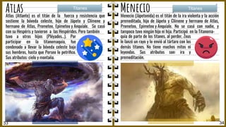 Atlas Menecio
Menecio (Jápetonida) es el titán de la ira violenta y la acción
premeditada, hijo de Jápeto y Clímene y hermano de Atlas,
Prometeo, Epimeteo y Anquíale. No se casó con nadie, y
tampoco tuvo ningún hijo ni hija. Participó en la Titanoma-
Titanes Titanes
33 34
quia de parte de los titanes, al perder, Zeus
le lanzó un rayo y lo envió al tártaro con los
demás titanes. No tiene muchos mitos ni
leyendas. Sus atributos son: ira y
premeditación.
Atlas (Atlante) es el titán de la fuerza y resistencia que
sostiene la bóveda celeste, hijo de Jápeto y Clímene y
hermano de Atlas, Prometeo, Epimeteo y Anquíale. Se casó
con su Hespéris y tuvieron a las Hespérides. Pero también
tuvo a otros hijos (Pléyades…). Por
participar en la titanomaquia, fue
condenado a llevar la bóveda celeste bajo
sus hombros, hasta que Perseo lo petriﬁco.
Sus atributos: cielo y montaña.
 