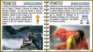 Prometeo Epimeteo
Epimeteo es el titán de las excusas, hijo de Jápeto y Clímene,
hermano de Menecio, Atlas, Prometeo y Anquíale. Se casó con
su sobrina Pandora y tuvieron a Pirra. Él y su hermano se
encargaron de poblar el mundo él creo a los animales y dejó
Titanes Titanes
35 36
que su hermano se encargara de la
humanidad, basándose en los titanes, pero
más pequeños, y indefensos. Sus atributos
son: excusas y animales.
Prometeo es la titán de la previsión y creador del ser humano,
hijo de Jápeto y Clímene y hermano de Menecio, Atlas,
Epimeteo y Anquíale. Se casó con Hesíone y tuvieron a
Deucalión. Con barro el creo al hombre, Zeus creó a la mujer
(Pandora). También le dio el fuego al ser
humano, Zeus lo castigó encandelándole
mientras un águila devora su hígado, que se
regenera al día. Sus atributos: antorcha y
hígado.
 