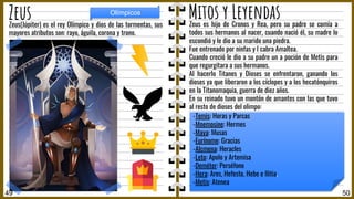 Zeus(Júpiter) es el rey Olímpico y dios de las tormentas, sus
mayores atributos son: rayo, águila, corona y trono.
Zeus es hijo de Cronos y Rea, pero su padre se comía a
todos sus hermanos al nacer, cuando nació él, su madre lo
escondió y le dio a su marido una piedra.
Fue entrenado por ninfas y l cabra Amaltea.
Cuando creció le dio a su padre un a poción de Metis para
que regurgitara a sus hermanos.
Al hacerlo Titanes y Dioses se enfrentaron, ganando los
dioses ya que liberaron a los cíclopes y a los hecatónquiros
en la Titanomaquia, guerra de diez años.
En su reinado tuvo un montón de amantes con las que tuvo
al resto de dioses del olimpo:
50
Zeus
49
Olímpicos
-Temis: Horas y Parcas
-Mnemosine: Hermes
-Maya: Musas
-Eurínome: Gracias
-Alcmena: Heracles
-Leto: Apolo y Artemisa
-Deméter: Perséfone
-Hera: Ares, Hefesto, Hebe e Ilitia.
-Metis: Atenea
Mitos y Leyendas
 
