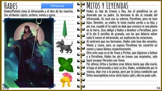 Hades es hijo de Cronos y Rea, fue el penúltimo en ser
devorado por su padre. Su hermano le dio el reinado del
inframundo. Se casó con su sobrina, Perséfone, pero no tuvo
hijos. Deméter, su madre, le tenía mucho cariño a su hija, y
por eso, cuando él la raptó no dejó que creciera ni una planta
en la tierra. Zeus obligó a Hades a devolver a Perséfone, pero
él le dio 6 semillas de granada, con las que debería volver
cada 6 meses al inframundo, así explicaron las estaciones.
Al contrario que sus hermanos, Hades solo tuvo dos amantes,
Mente y Leuce, pero su esposa Perséfone las convirtió en
menta y sauce blanco respectivamente.
Otro mito suyo es el de Teseo y Piritoo, que eligieron a helena
y a Perséfone, Hades los ató en tronos con serpientes, solo
logró escapar Heracles con Teseo.
Por último, Orfeo y Eurídice eran felices hasta que ella murió,
el bajo al inframundo y tocó su lira, Hades, embellecido por la
música, dejo irse a la pareja, pero por la única condición que
Orfeo incumplió(no mirar atrás hasta salir), ella no pudo salir.
Hades(Plutón) reina el inframundo y el dios de los muertos.
Sus atributos: ciprés, cerbero, menta y casco.
54
Hades
53
Olímpicos
Mitos y Leyendas
 