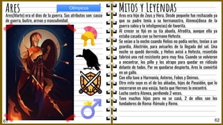 Ares era hijo de Zeus y Hera. Desde pequeño fue rechazado ya
que su padre tenía a su hermanastra, Atenea(diosa de la
guerra sabia y la inteligencias) de favorita.
Al crecer se ﬁjó en su tía abuela, Afrodita, aunque ella ya
estaba casada con su hermano Hefesto.
Se veían a la noche cuando Helios no podía verles, tenían a un
guardia, Alectrión, para avisarles de la llegada del sol. Una
noche se quedó dormido, y Helios avisó a Hefesto, resentido
fabricó una red resistente pero muy ﬁna. Cuando se volvieron
a encontrar, los pillo y los atrapo para quedar en ridículo
delante de todos. Por no quedarse despierto, Ares lo convirtió
en un gallo.
Con ella tuvo a Harmonía, Anteros, Fobos y Deimos.
Otro mito suyo es el de los alóadas, hijos de Poseidón, que lo
encerraron en una vasija, hasta que Hermes lo encontró.
Lucho contra Atenea, perdiendo 2 veces.
Tuvo muchos hijos pero no se casó, 2 de ellos son los
fundadores de Roma: Rómulo y Remo.
Ares(Marte) era el dios de la guerra. Sus atributos son: casco
de guerra, buitre, armas y masculinidad.
62
Ares
61
Olímpicos
Mitos y Leyendas
 