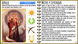 Apolo es hijo de Zeus y Leto y su hermana gemela es
Artemisa. 4 días después de nacer mató a la serpiente pitón
enviada por Hera para matar a su madre y se apropió del
santuario de Delfos, el refugio de la bestia.
Era el líder de las 9 musas. Con una de ellas, Calíope, tuvo a
Orfeo, quien le dio su lira, a Lino y a Ialemo.
Apolo participo y venció en dos retos musicales, el primero
contra pan, castigando a Midas con orejas de burro, y el
segundo contra Marsias, desollándolo vivo.
Tuvo dos amantes homosexuales que tuvieron un ﬁnal
trágico: Jacinto(plante del jacinto) y Cipariso(ciprés).
Por burlarse de Eros, él le tiró una ﬂecha dorada al dios y una
de plomo a la ninfa Dafne, al no poder huir de él, la ninfa se
transformó en laurel.
Al llevar a la muerte a su amante, Leucótoe y transformarla
en incienso se convirtió en girasol.
Otra amante suya fue Coronis, que por pensar que Apolo se
cansó de ella, se casó. Los cuervos, que por entonces eran
blancos, avisaron a Apolo, que los volvió negros.
Mató a la pareja y sacó a su hijo Asclepio de su vientre.
Apolo es el dios de las artes, la profecía y el sol. Sus atributos
son: sol, laurel, arco y ﬂechas y lira.
72
Apolo
71
Olímpicos
Mitos y Leyendas
 