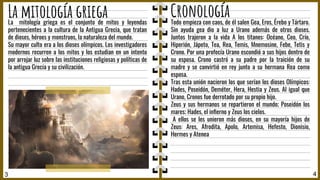3 4
La mitología griega
La mitología griega es el conjunto de mitos y leyendas
pertenecientes a la cultura de la Antigua Grecia, que tratan
de dioses, héroes y monstruos, la naturaleza del mundo.
Su mayor culto era a los dioses olímpicos. Los investigadores
modernos recurren a los mitos y los estudian en un intento
por arrojar luz sobre las instituciones religiosas y políticas de
la antigua Grecia y su civilización.
Todo empieza con caos, de él salen Gea, Eros, Érebo y Tártaro.
Sin ayuda gea dio a luz a Urano además de otros dioses.
Juntos trajeron a la vida A los titanes: Océano, Ceo, Crío,
Hiperión, Jápeto, Tea, Rea, Temis, Mnemosine, Febe, Tetis y
Crono. Por una profecía Urano escondió a sus hijos dentro de
su esposa. Crono castró a su padre por la traición de su
madre y se convirtió en rey junto a su hermana Rea como
esposa.
Tras esta unión nacieron los que serían los dioses Olímpicos:
Hades, Poseidón, Deméter, Hera, Hestia y Zeus. Al igual que
Urano, Cronos fue derrotado por su propio hijo.
Zeus y sus hermanos se repartieron el mundo; Poseidón los
mares; Hades, el inﬁerno y Zeus los cielos.
A ellos se les unieron más dioses, en su mayoría hijos de
Zeus: Ares, Afrodita, Apolo, Artemisa, Hefesto, Dionisio,
Hermes y Atenea
Cronología
 