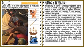 ? ?
Odiseo Mitos y Leyendas
Odiseo es hijo de Laertes y Anticlea, participó en la guerra
de Troya, de parte de los griegos. Ganó la guerra y partió de
vuelta a su hogar, Ítaca, donde le esperaba su esposa,
Penélope. Su travesía duró 10 años y se llamó la Odisea,
siendo él el protagonista.
Tuvieron problemas pero también ventajas: en Ísmaro
mataron tripulantes , por el cíclope Polifemo que también
los mato pero él cegó, pero el se vengó maldiciéndolo. El mar
nunca se calmó. Perdieron una oportunidad de llegar a su
destino, Eolo. Quedando solo 1/12 gracias a los lestrigones,
tuvieron que ir al inframundo por Circe, Tiresias profetizó
su viaje, ganaron contra las sirenas, superaron a Escila y
Caribdis, perdió a toda su tripulación por Zeus y Helios, tuvo
a Nausitó y Nausinó con Calipso durante 7 años y por ﬁn
llego a Ítaca gracias a Nausica y Alcinó, Atenea lo convirtió
en vagabundo para que no lo reconocieran los pretendientes
de su esposa, con urdido plan, mata a todos los inﬁeles y
pretendientes con la ayuda de su hijo y criados, pero
Telémaco(hijo) le mata sin saberlo.
Odiseo (Ulises) es un héroe que protagonizo la Odisea. Sus
atributos son: cíclope, lanza, barco y tormenta.
Héroes
 