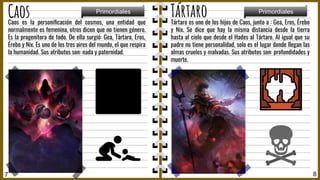 Tártaro es uno de los hijos de Caos, junto a : Gea, Eros, Érebo
y Nix. Se dice que hay la misma distancia desde la tierra
hasta al cielo que desde el Hades al Tártaro. Al igual que su
padre no tiene personalidad, solo es el lugar donde llegan las
almas crueles y malvadas. Sus atributos son: profundidades y
muerte.
Caos es la personiﬁcación del cosmos, una entidad que
normalmente es femenina, otros dicen que no tienen género.
Es la progenitora de todo. De ella surgió: Gea, Tártaro, Eros,
Érebo y Nix. Es uno de los tres aires del mundo, el que respira
la humanidad. Sus atributos son: nada y paternidad.
7 8
Caos Primordiales Primordiales
Tártaro
 