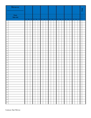 Creado por: Olga J Martínez
Materia:
________________
Total
Fecha
Valor total
p % n p % n p % n p % n p % n p % n p % n
1
2
3
4
5
6
7
8
9
10
11
12
13
14
15
16
17
18
19
20
21
22
23
24
25
26
27
28
29
30
31
32
33
34
35
 