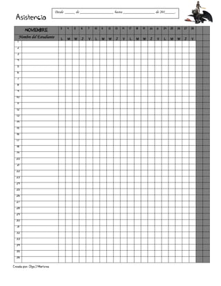Creado por: Olga J Martínez
Asistencia
NOVIEMBRE
3 4 5 6 7 10 11 12 13 14 17 18 19 20 21 24 25 26 27 28
Nombre del Estudiante L M W J V L M W J V L M W J V L M W J V
1
2
3
4
5
6
7
8
9
10
11
12
13
14
15
16
17
18
19
20
21
22
23
24
25
26
27
28
29
30
31
32
33
34
35
36
Desde _____ de _________________ hasta ________________ de 201_____.
 