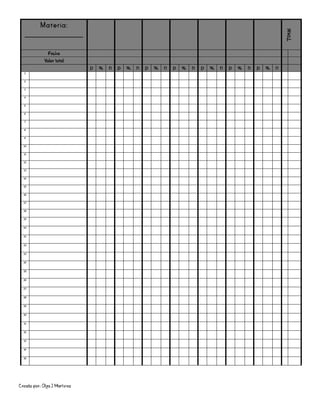 Creado por: Olga J Martínez
Materia:
________________
Total
Fecha
Valor total
p % n p % n p % n p % n p % n p % n p % n
1
2
3
4
5
6
7
8
9
10
11
12
13
14
15
16
17
18
19
20
21
22
23
24
25
26
27
28
29
30
31
32
33
34
35
 