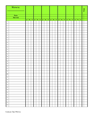 Creado por: Olga J Martínez
Materia:
________________
Total
Fecha
Valor total
p % n p % n p % n p % n p % n p % n p % n
1
2
3
4
5
6
7
8
9
10
11
12
13
14
15
16
17
18
19
20
21
22
23
24
25
26
27
28
29
30
31
32
33
34
35
 