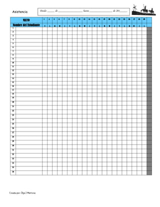 Creado por: Olga J Martínez
Asistencia
MAYO 1 4 5 6 7 8 11 12 13 14 15 18 19 20 21 22 25 26 27 28 29
Nombre del Estudiante V L M W J V L M W J V L M W J V L M W J L
1
2
3
4
5
6
7
8
9
10
11
12
13
14
15
16
17
18
19
20
21
22
23
24
25
26
27
28
29
30
31
32
33
34
35
36
Desde: _____ de _________________ hasta ________________ de 201_____.
 