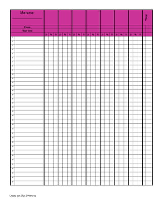 Creado por: Olga J Martínez
Materia:
________________
Total
Fecha
Valor total
p % n p % n p % n p % n p % n p % n p % n
1
2
3
4
5
6
7
8
9
10
11
12
13
14
15
16
17
18
19
20
21
22
23
24
25
26
27
28
29
30
31
32
33
34
35
 