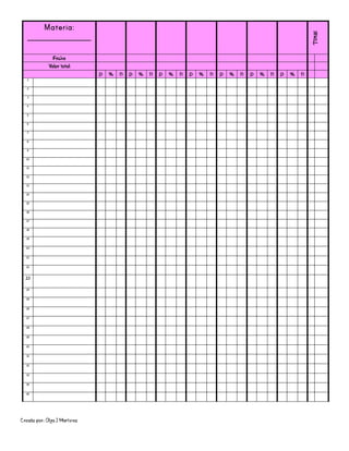 Creado por: Olga J Martínez
Materia:
________________
Total
Fecha
Valor total
p % n p % n p % n p % n p % n p % n p % n
1
2
3
4
5
6
7
8
9
10
11
12
13
14
15
16
17
18
19
20
21
22
23
24
25
26
27
28
29
30
31
32
33
34
35
 