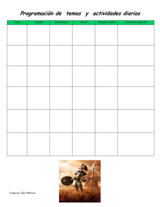 Creado por: Olga J Martínez
Programación de temas y actividades diarias
Fecha Español Matemáticas Ciencia Estudios sociales Actividades especiales
 