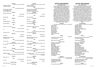 RODOLFO
                                   (CINGENDO COLLE BRACCIA     MIMÌ)
                                                                                           RODOLFO
                                                                                   (ESTRECHANDO ENTRE SUS BRAZOS A MIMÍ)
                                                                                                                                            ATTO SECONDO                                                   ACTO SEGUNDO
     Fremon già nell’anima                                             Tiembla ya, mi alma,                                                            AL QUARTIERE LATINO.                                           EN EL BARRIO LATINO.
     le dolcezze estreme.                                              por una extrema dulzura.                                         Un crocicchio di vie; nel largo vi prende forma di           Un cruce de calles; la parte más ancha toma la forma
                                                                                                                                       piazzale: botteghe, venditori di ogni genere; da un             de una plazoleta repleta de tiendas, vendedores de
                                    MIMÌ                                                     MIMÍ
                                             (QUASI ABBANDONANDOSI)                           (CASI ABANDONÁNDOSE A ÉL)                      lato, il Caffè Momus. La Vigilia di Natale.               todo tipo. A un lado, el Café Momus. La víspera de
     O! Come dolci scendono                                            ¡Oh! ¡Cuán dulces penetran                                        Gran folla e diversa: borghesi, soldati, fantesche,      Navidad. Abundante y variopinto gentío: burgueses, soldados,
     le sue lusinghe al core!                                          tus palabras en mi corazón!                                     ragazzi, bambine, studenti, sartine, gendarmi, ecc.            chicos, niñas, estudiantes, modistas, gendarmes, etc.
     Tu sol comandi, amor!                                             ¡Haz de mí lo que quieras, amor!                                Sul limitare delle loro botteghe i venditori gridano         A la puerta de sus tiendas, los vendedores gritan a todo
                                 RODOLFO                                                   RODOLFO                                       a squarciagola invitando la folla dei compratori.         pulmón, incitando a la masa de compradores. Separados,
     Nel bacio freme amor!                                             ¡En mi beso palpita el amor...!                                 Separati in quella gran calca di gente si aggirano            entre esa presión de gente, andan, de un lado a otro,
                                                        (BACIA MIMÌ)                                                 (LA BESA)          Rodolfo e Mimì da una parte; Colline presso alla              Rodolfo y Mimì. Colline está junto a la tienda de una
                                    MIMÌ                                                     MIMÍ
                                                                                                                                        bottega di una rappezzatrice; Schaunard ad una             zurcidora; Schaunard, en una tienda de viejo, comprando
                                                    (SVINCOLANDOSI)                                            (DESASIÉNDOSE)         bottega di ferravechi sta comperando una pipa e un            un silbato y una corna. Marcello, va de un lado a otro, a
     No, per pietà!                                                    ¡No, por caridad!                                                corno; Marcello spinto qua e là dal capricio della            donde lo lleva la gente. Parejas de burgueses en una
                                 RODOLFO                                                   RODOLFO
                                                                                                                                          gente. Parecchi borghesi ad un tavolo fuori del             mesa, fuera del Café Momus. Atardecer. Las tiendas
     Sei mia!                                                          ¡Eres mía!                                                      Caffè Momus. È sera. Le botteghe sono adorne di              están adornadas con lamparillas y farolillos encendidos;
                                                                                                                                           lampioncini e fanali accesi; un grande fanale          un gran farol ilumina la entrada del Café. La masa de gente
                                    MIMÌ                                                     MIMÍ
     V’aspettan gli amici...                                           Le esperan sus amigos...                                        illumina l’ingreso al Caffè. La folla (è composta di            se compone de estudiantes, modistas, burgueses y
                                                                                                                                                sartine, borghesi, studenti, e popolo).                                       pueblo).
                                 RODOLFO                                                   RODOLFO
     Già mi mandi via?                                                 ¿Ya me estás echando?                                                               I VENDITORI                                                LOS VENDEDORES
                                    MIMÌ                                                     MIMÍ                                          (SUL LIMITARE DELLE LORO BOTTEGHE, TUTTI GRIDANDO)                (EN LA PUERTA DE SUS TIENDAS, TODOS GRITANDO)
                                                         (TITUBANTE)                                            (TITUBEANDO)     Aranci! Datteri!                                                       ¡Naranjas! ¡Dátiles!
     Vorrei dir..., ma non oso...                                      Quería decir..., pero no me atrevo...                     Caldi i marroni.                                                       ¡Castañas calientes!
                                                                                                                                 Ninnoli, croci.                                                        ¡Muñecos, lacitos!
                                 RODOLFO                                                   RODOLFO
                                                                                                                                 Torroni e caramelle.                                                   ¡Turrones y caramelos!
                                                   (CON GENTILEZZA)                                            (CON CORTESÍA)    Fiori alle belle.                                                      ¡Flores, para las mujeres guapas!
     Di’.                                                              Dilo.                                                     Oh! La crostata.                                                       ¡Vaya pasteles!
                                    MIMÌ                                                     MIMÍ                                Panna montata.                                                         ¡Nata montada!
                                             (CON GRAZIOSA FURBERIA)                    (CON UNA GRACIOSA SONRISA PÍCARA)        Fringhelli, passeri.                                                   ¡Gorriones, pájaros!
     Se venissi con voi?                                               Y, ¿si fuese con vosotros?                                Datteri! Trote!                                                        ¡Dátiles! ¡Truchas!
                                 RODOLFO                                                   RODOLFO                               Latte di coco! Giubbe!                                                 ¡Leche de coco!
                                                          (SORPRESO)                                           (SORPRENDIDO)     Carote!                                                                ¡Zanahorias!
     Che? Mimì!                                                        ¿Qué? ¡Mimí!                                                                          MONELLI                                                       MONELLI
                                                        (INSINUANTE)                                             (INSINUANTE)                                                        (GRIDANDO)                                                (GRITANDO)
     Sarebbe così dolce restar qui.                                    Sería tan dulce quedarse aquí...;                         Aranci! Ninnoli! Caldi e marroni                                       ¡Naranjas! ¡Muñecos! ¡Castañas calientes
     C’è freddo fuori.                                                 hace frío ahí fuera.                                      e caramelle.Torroni.                                                   y caramelos! ¡Turrones!
                                    MIMÌ                                                     MIMÍ                                                            LA FOLLA                                                     LA GENTE
                                           (CON GRANDE ABBANDONO)                                          (CON SENTIMIENTO)     Quanta folla! Che chiasso!                                             ¡Cuánta gente! ¡Qué jaleo!
     Vi starò vicina.                                                  Estaré a tu lado.                                                                (Si alza il sipario)                                           (Se alza el telón)
                             RODOLFO                                                       RODOLFO                               Stringiti a me, Che chiasso!                                           Sujétate a mí. ¡Qué jaleo!
                 (AIUTA AMOROSAMENTE MIMÌ A METTERSI LO SCIALLE)           (AMOROSAMENTE, AYUDA A MIMÍ A PONERSE EL CHAL)        Date il paso, corriam!                                                 Dejen pasar... ¡corramos!
     E al ritorno?                                                     Y, ¿a la vuelta?                                          Lisa! Emma!                                                            ¡Lisa! ¡Emma!
                                    MIMÌ                                                     MIMÍ                                Date il paso                                                           ¡Ven rápido, Emma,
                                                         (MALIZIOSA)                                              (MALICIOSA)    Emma, quando ti chiamo!                                                cuando te llamo!
     Curioso!                                                          ¡Qué curioso!                                             Ancora un’altro giro...                                                Aún nos queda otra calle...
                                 RODOLFO                                                   RODOLFO                               pogliam via Mazzarino;                                                 cojamos la calle Mazzarino,
                                       (CON MOLTA GRAZIA A     MIMÌ)                            (CON MUCHA GRACIA, A    MIMÍ)    qui mi manca il respiro...!                                            que me falta ya el aliento...
     Dami il braccio, o mia piccina...                                 Dame tu brazo, pequeñita mía...                           Vedi? Il Caffè è vicino.                                               ¿Lo ves? El Café está aquí al lado.
                                                                                                                                 Oh! Stupendi gioielli!                                                 ¡Oh! ¡Qué joyas tan estupendas!
                                    MIMÌ                                                     MIMÍ                                Son gli occhi assai più belli!                                         ¡Son los ojos más bonitos que he visto!
                                           (DÀ IL BRACCIO A RODOLFO)                             (DA EL BRAZO A RODOLFO)         Pericolosi esempi                                                      Peligrosos ejemplos
     Obbedisco, signor!                                                ¡Le obedezco, señor!                                      la folla oggi ci dà!                                                   nos está dando hoy la gente...
                  (S’AVVIANO SOTTOBRACCIO ALLA PORTA D’USCITA)                 (SE VAN HACIA LA PUERTA DE SALIDA, TOMADOS        Era meglio ai miei tempi!                                              En mis tiempos era mejor.
                                                                                                               DEL BRAZO)        Viva la libertà!                                                       ¡Viva la libertad!
                                 RODOLFO                                                   RODOLFO                                                          VENDITORI                                                 LOS VENDEDORES
     Che m’ami... di’...                                               Que me amas... dímelo...                                                       (AGGIRANDOSI TRA LA FOLLA ED OFFRENDO                (DE UN LADO A OTRO, ENTRE LA GENTE, OFRECIENDO
                                    MIMÌ                                                     MIMÍ                                                                          LA PROPRIA MERCE)                                          LA MERCANCÍA PROPIA)
                                                   (CON ABBANDONO)                                             (ENTUSIASMADA)    Caramelle! Fiori alle belle!                                           ¡Caramelos! ¡Flores para las guapas!
     Io t’amo.                                                         ¡Yo, te amo...!                                           La crostata! Panna montata!                                            ¡Pasteles! ¡Nata montada!
                                                           (ESCONO)                                                  (SE VAN)    Franghelli, passer. Datteri!                                           ¡Gorriones y pinzones! ¡Dátiles!
                               RODOLFO, MIMÌ                                             RODOLFO, MIMÌ                           Latte di coco!                                                         ¡Leche de coco!
     Amor! Amor! Amor!                                                 ¡Amor! ¡Amor! ¡Amor!                                                                  MONELLI                                                       MONELLI
                               (Cala il sipario)                                    (Cae el telón)                               Su, corriamo! Latte di cocco!                                          ¡Vamos, deprisa! ¡Leche de coco!

18 / La bohème                                                                                                                                                                                                                                         La bohème / 19
 