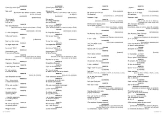 ALCINDORO                                                 ALCINDORO                                                            MUSETTA                                             MUSETTA
     Come? Qui fuori? Qui?!                                              ¿Cómo? ¿Aquí fuera? ¿Aquí...?                            Aspetta!                                                        ...¡espera!
                                   MUSETTA                                                 MUSETTA                                                           MARCELLO                                             MARCELLO
     Siedi, Lulù!                                                        Siéntate, Lulú.                                                                                      (CON AMAREZZA)                                      (CON AMARGURA)
                    (ALCINDORO SIEDE, IRRITATO, ALZANDO IL BAVERO         (IRRITADO, SE SIENTA, Y, CON GENIO, SE SUBE EL CUELLO   Per questo non ne ho più.                                       Por eso, yo ya no tengo.
                                                DEL SUO PASTRANO)                                                   DEL ABRIGO)   Ehi, camerier!                                                  ¡Eh, camarero!
                                ALCINDORO                                                 ALCINDORO                                                             (NASCONDENDO LA COMMOZIONE)                              (OCULTANDO SU EMOTIVIDAD)
                                                     (BORBOTTANDO)                                              (BARBOTANDO)      Passatemi il ragù.                                              Pasadme la salsa.
     Tali nomignoli,                                                     Esos apodos,                                                                          MUSETTA                                             MUSETTA
     prego, serbàteli                                                    te lo ruego, resérvalos                                             (GRIDANDO; ANNUSANDO UN PIATTO, AL CAMERIERE                         (GRITA, AL OLER UNO DE LOS PLATOS, AL
     al tu per tu.                                                       para la intimidad.                                                                             CHE ACCORRE AD ESSA)                         CAMARERO, QUE CORRE HACIA ELLA)
                                   MUSETTA                                                 MUSETTA                                Ehi! Camerier! Questo piatto                                    ¡Eh! ¡Camarero! ¡Este plato
     Non farmi il Barbalù!                                               ¡No te hagas el Barbazul!                                ha una puzza di rifritto!                                       apesta a refrito!
             (SIEDE ANCH’ESSA AL TAVOLO, RIVOLTA VERSO IL CAFFÈ)          (ELLA SE SIENTA TAMBIÉN A LA MESA, DE CARA AL CAFÉ)                  (GETTA IL PIATO A TERRA CON FORZA; IL CAMERIER     (CON FUERZA, ARROJA EL PLATO AL SUELO. EL CAMARERO
                                                                                                                                                                        NE RACCATTA I COCCI)                                       RECOGE LOS PEDAZOS)
                                   COLLINE                                                  COLLINE
                                             (ESAMINANDO IL VECCHIO)                                    (EXAMINANDO AL VIEJO)                               ALCINDORO                                             ALCINDORO
     è il vizio contegnoso...                                            Es el réprobo discreto...                                                                              (FRENANDOLA)                                            (RETENIÉNDOLA)
                                                                                                                                  No, Musetta! Zitta, zitta!                                      ¡No, Musetta! ¡Calla! ¡Cálmate!
                                  MARCELLO                                                MARCELLO
     Colla casta Susanna.                                                Con la casta Susanna.                                                                 MUSETTA                                             MUSETTA

                                    MIMÌ                                                      MIMÍ
                                                                                                                                                          (VEDENDO CHE MARCELLO NON SI VOLTA)               (VIENDO QUE MARCELLO NO SE HA VUELTO)
                                                                                                                                  E non si volta!                                                 ¡Y no se vuelve!
                                                        (A RODOLFO)                                                (A RODOLFO)
     Essa è pur ben vestita.                                             Va muy bien vestida.                                                               ALCINDORO                                             ALCINDORO

                                   RODOLFO                                                 RODOLFO
                                                                                                                                                                  (CON COMICA DISPERAZIONE)                            (CON RIDÍCULA DESESPERACIÓN)
     Gli angeli vanno nudi.                                              Los ángeles van desnudos.                                Zitta, zitta. Modi. Garbo.                                      Calla, calla. Modérate.Ten maneras
                                                                                                                                  Achi parli?                                                     ¿A quién le estás hablando?
                                    MIMÌ                                                      MIMÍ
                                                                                                                                                               COLLINE                                             COLLINE
     La conosci? Chi è?                                                  ¿La conoces? ¿Quién es?
                                                                                                                                  Questo pollo è un poema!                                        ¡Este pollo es un poema!
                                  MARCELLO                                                MARCELLO
                                                                                                                                                               MUSETTA                                             MUSETTA
     Domandatelo a me.                                                   Pregúntamelo a mí.
     Il suo nome è Musetta...                                            Se llama Musetta...                                                                                       (RABBIOSA)                                                (FURIOSA)
                                                                                                                                  Ora lo batto, lo batto!                                         Le voy a pegar... ¡Lo mato!
                                  MUSETTA                                                 MUSETTA
                                                                                                                                                            ALCINDORO                                             ALCINDORO
                        (COLPITA NEL VEDERE CHE GLI AMICI DEL TAVOLO              (MOLESTA, AL VER QUE LOS AMIGOS DE LA MESA
                                         VICINO NON LA GUARDANO)                                    DE AL LADO NO LA MIRAN)
                                                                                                                                  Con chi parli?                                                  Pero, ¿a quién le estás hablando?
     Marcello mi vide...                                                 Marcello me ha visto...                                                               MUSETTA                                             MUSETTA
                                  MARCELLO                                                MARCELLO
                                                                                                                                  Al cameriere. Non seccar!                                       Al camarero. ¡No me fastidies!
     Cognome—Tentazione!                                                 De apellido: ¡Tentación!                                                           SCHAUNARD                                            SCHAUNARD
                                   MUSETTA                                                 MUSETTA
                                                                                                                                  Il vino è prelibato!                                            ¡El vino es excelente!
     e non mi guarda, il vile...                                         Y que no me mira, el vil...                                                           MUSETTA                                             MUSETTA
                                  MARCELLO                                                MARCELLO
                                                                                                                                  Voglio fare il mio piacere...                                   Quiero hacer mi voluntad...
     Per sua vocazione                                                   Por vocación propia                                                                ALCINDORO                                             ALCINDORO
     fa la rosa dei venti;                                               se dedica a ser la rosa de los vientos;                  Parla pian!                                                     Habla más bajo...
                                   MUSETTA                                                 MUSETTA
                                                                                                                                  (PRENDE LA NOTA DEL CAMERIERE E SI METTE AD ORDINARE LA CENA)            (COGE EL MENÚ Y EMPIEZA A PEDIR LA CENA)
                                                 (SEMPRE PIÙ STIZZITA)                             (CADA VEZ MÁS ALTERADA)                                     MUSETTA                                             MUSETTA
     Quel Schaunard che ride!                                            Y ese Schaunard, riéndose...!                            Vo’ far quel che mi pare!                                       ¡Quiero hacer lo que me apetezca!
                                  MARCELLO                                                MARCELLO
                                                                                                                                  Non seccar!                                                     ¡No me fastidies!
     Gira e muta sovente                                                 va cambiando, de un día a otro                                                     ALCINDORO                                             ALCINDORO
     e d’amanti e d’amore...                                             de amantes y de amores...                                Parla pian! Parla pian!                                         Habla más bajo... Habla más bajo...
                                   MUSETTA                                                 MUSETTA                                                             MUSETTA                                             MUSETTA
     Mi fan tutti una bile..!                                            ¡Me están revolviendo el estómago!                       Non secc-a-a-are!                                               ¡No me fas-ti-dies!
                                                                                                                                                         SARTINE E STUDENTI                                MODISTAS Y ESTUDIANTES
                                  MARCELLO                                                MARCELLO
     e come la civetta...                                                y, como una lechuza...                                                      (ATTRAVESANDO LA SCENA SI ARRESTANO UN              (ATRAVIESAN LA ESCENA; SE PARAN UN MOMENTO
                                                                                                                                                                MOMENTO VEDENDO MUSETTA)                                             AL VER A MUSETTA)
                                   MUSETTA                                                 MUSETTA                                Guarda, guarda, chi si vede,                                    Mira, mira a quién se ve:
     Se potessi picchiar,                                                ¡Si pudiese picarlo!                                     proprio lei, Musetta!                                           ¡pero si es ella: la misma Musetta!
     sepotessigraffiar!                                                  ¡Si lo pudiese arañar...!                                                             STUDENTI                                          ESTUDIANTES
                                  MARCELLO                                                MARCELLO                                Con quel vecchio che balbetta,                                  Con ese viejo que tartamudea,
     ... è uccello sanguinario;                                          ...es un pájaro sanguinario;                             proprio lei, Musetta!                                           ¡ella, la mismísima Musetta!
     il suo cibo ordinario                                               su alimento cotidiano                                    Ah! Ah! Ah! Ah!                                                 ¡Ja, ja, ja, ja!
     è il cuore...                                                       ¡es el corazón...!                                                                    MUSETTA                                             MUSETTA
                                   MUSETTA                                                 MUSETTA                                Che sia geloso di questa mummia?                                ¿Que estuviera celoso de esta momia?
     Ma non ho sotto man                                                 Pero no tengo a mano                                                               ALCINDORO                                             ALCINDORO
     che questo pellican.                                                sino a este pelícano...                                                       (INTERROMPENDO LE SUE ORDINAZIONI, PER         (INTERRUMPE SU PEDIDO PARA SOSEGAR A MUSETTA,
                                  MARCELLO                                                MARCELLO                                             CALMARE MUSETTA, CHE CONTINUA AD AGITARSI)                                       QUE SIGUE MUY AGITADA)
     Mangia il cuore!                                                    ¡Come corazones!                                         La convenienza... il grado... la virtù!                         La convención, el estatus, la virtud...
26 / La bohème                                                                                                                                                                                                                                 La bohème / 27
 