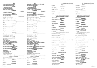 MIMÌ                                                 MIMÍ                                                              (IL CAMARIERE PORTA UN CONTO)                          (EL CAMARERO TRAE UNA CUENTA)
     L’amor ingeneroso è tristo amor!                                El amor que no es generoso es un amor triste...                                     TUTTI                                                   TODOS
     Quell’infelice mi muove a pietà.                                ¡Ese infeliz me inspira piedad!                        Il conto!                                                        ¡La cuenta!
                                  COLLINE                                              COLLINE                                                        SCHAUNARD                                                SCHAUNARD
     ... ma piacciomi assai più                                      ...me gusta bastante más                               Così presto?                                                     ¿Tan pronto?
     una pipa e un testo greco.                                      una pipa y un texto griego.                                                        COLLINE                                                 COLLINE
     Essa è bella, non son cieco, [...]                              Mussetta es bella; no estoy ciego, pero...
                                                                                                                            Chi l’ha richiesto?                                              ¿Quién la ha pedido?
                               ALCINDORO                                             ALCINDORO
                                                                                                                                                      SCHAUNARD                                                SCHAUNARD
                                                      (A MUSSETTA)                                            (A MUSETTA)   Vediamo.                                                         Veamos.
     Modi, garbo! Zitta, zitta!                                      ¡Compórtate! Calla, calla...
                                                                                                                                                  COLLINE E RODOLFO                                         COLLINE Y RODOLFO
                                  MUSETTA                                              MUSETTA
                                                                                                                            Caro!                                                            ¡Qué caro!
     So ben: le angoscie tue non le vuoi dir.                        Bien conozco tu angustia; no quiero contarla...
     Ah! Ma ti senti morir.                                          ¡Ah! Pero te sientes morir...                                      (Si odde avvicinarsi un suon di tamburi)                (Se oye acercarse un son de tambores)
                                                   (AD ALCINDORO)                                          (A ALCINDORO)                 RODOLFO, SCHAUNARD E COLLINE                            RODOLFO, SCHAUNARD Y COLLINE
     Io voglio fare il mio piacere,                                  Quiero hacer lo que me apetece,                        Fuori il dinaro!                                                 ¡Fuera el dinero!
     Voglio far quel che mi par.                                     quiero hacer lo que me viene en gana.                                            SCHAUNARD                                                SCHAUNARD
     Non seccar, non seccar, non seccar!                             ¡No me fastidies! ¡No me fastidies!                    Colline, Rodolfo e tu, Marcel?                                   Colline, Rodolfo, y ¿tú, Marcel?
                                                                     ¡No me fastidies!
                                                                                                                                                        MONELLI                                                 MONELLI
     (Or conviene liberarsi del vecchio)                             (Ahora conviene librarse del viejo)
                                                                                                                            La Ritirata!                                                     ¡El desfile!
                                             (FINGENDO UN DOLORE)                                  (FINGIENDO UN DOLOR)
     Ahi!                                                            ¡Ay...!                                                                          MARCELLO                                                  MARCELLO
                                                                                                                            Sono all’asciutto!                                               ¡Estoy seco!
                               ALCINDORO                                             ALCINDORO
     Che c’è?                                                        ¿Qué te ocurre?                                                                  SCHAUNARD                                                SCHAUNARD
                                                                                                                            Come?                                                            ¿Cómo?
                                  MUSETTA                                              MUSETTA
     Qual dolore, qual bruciore!                                     ¡Qué dolor! ¡Qué escozor!                                                    SARTINE, STUDENTI                                    MODISTAS, ESTUDIANTES
                                                                                                                            La Ritirata!                                                     ¡El desfile!
                               ALCINDORO                                             ALCINDORO
     Dove?                                                           ¿Dónde?                                                                            RODOLFO                                                 RODOLFO
                                                                                                                            Ho trenta soldi in tutto!                                        Tengo treinta sueldos en total.
                                  MUSETTA                                              MUSETTA
     Al piè!                                                         En el pié...                                                                       BORGHESI                                             LOS BURGUESES
                                                                                                                            La Ritirata!                                                     ¡El desfile!
                                  MARCELLO                                            MARCELLO
                                            (COMMOSO, AVANZANDOSI)                        (CONMOVIDO, ADELANTÁNDOSE)                MARCELLO, SCHAUNARD E COLLINE                               MARCELLO, SCHAUNARD Y COLLINE
     Giuventù mia, tu non sei morta,                                 Juventud mía, no has muerto,                           Come? Non ce n’è più?                                            ¿Cómo? ¿Ya no hay más?
     nè di te è morto il sovvenir...                                 ni ha muerto tu recuerdo...                                                      SCHAUNARD                                                SCHAUNARD
     se tu battessi alla mia porta                                   si llamases tú a mi puerta                             Ma, il mio tesoro, dov’è?                                        Pero, y mi tesoro, ¿dónde está?
     t’andrebbe il mio core ad aprir!)                               mi corazón te iría a abrir!                                                        MONELLI                                                 MONELLI
                                  MUSETTA                                              MUSETTA                              S’avvicinan per di quà?                                          ¿Se acercan por aquí?
     Sciogli! Slaccia! Rompi! Straccia!                              ¡Afloja, desata, rompe, rasga!                                                     MUSETTA                                                 MUSETTA
     Te ne imploro.                                                  Te lo suplico,                                                                                         (AL CAMARIERE)                                        (AL CAMARERO)
     Laggiù c’è calzolaio...                                         ahí abajo, el zapatero...                              Il mio conto date a me.                                          A mí, dadme mi cuenta.
     Corri presto! Ne voglio un’altro paio.                          ¡Corre, rápido! ¡Quiero otro par!                                            SARTINE, STUDENTI                                   MODISTAS, ESTUDIANTES
     Ahi! Che fitta, maledetta scarpa stretta!                       ¡Ay! ¡Qué daño...! ¡Maldita estrechura de zapato!      No! Di là!                                                       ¡No! ¡Por allí!
     Or la levo... eccola quà.                                       Ahora me la quito...; aquí está.
     Corri, va, corri! Presto, va, va!                               ¡Corre, ve, corre! ¡Rápido, ve, ve!                                                MONELLI                                                 MONELLI
                                                                                                                            S’avvicinan per di là!                                           Se acercan por allí...
                                    MIMÌ                                                 MIMÍ
     (Io vedo ben: ell’è invaghita di Marcello)                      Bien se ve que la pobrecita suspira por Marcello...                          SARTINE, STUDENTI                                  MODISTAS, ESTUDIANTES
                                                                                                                            Vien di quà!                                                     ¡Vienen por aquí!
                                  RODOLFO                                              RODOLFO
     (Io vedo ben; la commedia è stupenda!)                          (Me doy cuenta; ¡la comedia es estupenda!)                                         MONELLI                                                 MONELLI
                                                                                                                            No! Viendi là!                                                   ¡No! ¡Vienen por allí!
                               ALCINDORO                                             ALCINDORO
     Imprudente!                                                     ¡Imprudente!                                                                       MUSETTA                                                 MUSETTA
     Quella gente che dirà?                                          ¿Qué va a decir la gente?                              Bene!                                                            ¡Bien!
     Ma il mio grado!                                                Y, mi reputación,                                                            BORGHESI, VENDITORI                                  BURGUESES, VENDEDORES
     Vuoi ch’io comprometta?                                         ¿es que quieres que la comprometa?                     Largo! Largo!                                                    ¡Paso! ¡Paso!
     Aspetta! Musetta! Vo’!                                          ¡Espera, Musetta! ¡Voy!                                                            RAGAZZI                                                MUCHACHOS
                                      (CORRE FRETTOLOSAMENTE VIA)              (CORRE, APRESURADAMENTE, HACIA LA CALLE)     Voglio veder! Voglio sentir!                                     ¡Quiero verlo! ¡Quiero oirlo!
                        COLLINE E SCHAUNARD                                     COLLINE E SCHAUNARD                                                     MUSETTA                                                 MUSETTA
     La commedia è stupenda!                                         ¡La comedia es estupenda!                              Presto, sommate quello con questo!                               ¡Rápido! ¡Sumad eso con esto!
     (MUSETTA E MARCELLO SI ABBRACCIANO CON GRANDE ENTUSIASMO)       (MUSETTA Y MARCELLO SE ABRAZAN CON TODA PASIÓN)        Paga il signor che stava qui con me.                             Paga el señor que estaba aquí conmigo.
                                  MUSETTA                                              MUSETTA                                                           MAMME                                                 LAS MAMÁS
     Ah!                                                             ¡Ah!                                                   Lisetta, vuoi tacere?                                            Lisetta, ¿te quieres callar?
                                  MARCELLO                                            MARCELLO                              Tonio, la vuoi finire?                                           Tonio, ¿quieres parar ya?
     Sirena!                                                         ¡Sirena!                                                                         FANCIULLE                                              LAS MUCHACHAS
                               SCHAUNARD                                            SCHAUNARD                               Mamma, voglio vedere!                                            Mamá, quiero verlo;
     Siamo all’ultima scena!                                         ¡Estamos en la última escena!                          Papà, voglio sentire!                                            Papá, quiero oirlo...
30 / La bohème
                                                                                                                                                                                                                                        La bohème / 31
 