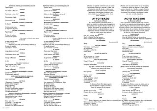 RODOLFO, MARCELLO, SCHAUNARD, COLLINE                RODOLFO, MARCELLO, SCHAUNARD, COLLINE                       (Musetta, non potendo camminare con una scarpa                  (Musetta, como no puede caminar con un solo zapato,
     Paga il signor!                                                  ¡Paga el señor!                                             sola, è alzata a braccia di Marcello e Colline.Tutti              es alzada en brazos por Marcello y Colline.Todos
                                  RAGAZZI                                               MUCHACHOS                                  si mettono in coda alla ritirata e si allontanano.             juntos se mezclan en el desfile y se alejan. Alcindoro
     Vuò veder la Ritirata!                                           ¡Quiero ver el desfile!                                    Alcindoro torna con un paio di scarpe; il cameriere               vuelve con par de zapatos; el camarero le presenta
                                   MAMME                                                LAS MAMÁS                                    gli presenta i conti.Vedendo la somma e non                   las cuentas. Al ver la suma y no encontrar a nadie,
     Vuoi tacer, la vuoi finir!                                       ¿Quieres callarte¿ ¿Quieres parar ya?                        trovando più nessuno, Alcindoro cade su di una                           cae sobre una silla, estupefacto)
                                  SARTINE                                                MODISTAS                                                   sedia, stupefatto)
     S’avvicinano di quà!                                             ¡Se acercan por aquí!
                                  BORGHESI                                              BURGUESES                                           ATTO TERZO                                                  ACTO TERCERO
     S’avvicinano di là!                                              ¡Se acercan por allí!                                                       LA BARRIERA D’ENFER.                                           LA BARRERA DE ENFER.
                    BORGHESI, STUDENTI E VENDITORI                     BURGUESES, ESTUDIANTES Y VENDEDORES                            Al di là della barriera, il boulevard esterno, a            Junto a la barrera, el bulevar exterior; a la izquierda,
     Sì, di quà!                                                      ¡Sí, sí, por aquí!                                         sinistra un cabaret e un piccolo largo costeggiato da          un cabaret y un pequeño paseo flanqueado por algunos
                                  MONELLI                                                MONELLI                                 alcuni platani. Certi doganieri dormono avanti ad un           plátanos. Algunos aduaneros duermen ante un brasero.
     Come sarà arrivata,                                              Cuando lleguen                                                braciere. Dal cabaret, ad intervalli, grida, crozi di      De tanto en tanto, se oyen gritos, brindis y carcajadas que
     la seguiremo al passo.                                           les seguiremos al paso.                                       bicchieri risate. È un alba di febbraio. La neve è         vienen del cabaret. Es una mañana de febrero, con nieve
                  COLLINE, SCHAUNARD E MARCELLO                           COLLINE, SCHAUNARD Y MARCELLO                            dappertutto. Dietro la cancellata chiusa, battendo            por todas partes. Detrás de la verja, cerrada, golpean
     Paga il signor!                                                  ¡Paga el señor!                                                   i piedi dal freddo, stanno alcuni spazzini.                     los pies, por el frío, algunos barrenderos.
                                  MUSETTA                                                MUSETTA                                                        SPAZZINI                                                     BARRENDEROS
     E dove s’è seduto,                                               Y, donde se sentó,                                   Ohè, là, le guardie... Aprite!                                            ¡Eh! ¡Ahí, la guardia! ¡Abrid!
     ritrovi il mio saluto!                                           mi saludo encontró...                                Quelli di Gentily! Siam gli spazzini.                                     ¡Esos de Gentily! Somos los barrenderos.
                                   (METTENDO IL CONTO SULLA SEDIA)                   (PONE LA CUENTA ENCIMA DE LA SILLA)   Fiocca la neve. Olà! Qui s’agghiaccia!                                    Caen buenos copos de nieve. ¡Aquí nos congelamos!
                                  BORGHESI                                              BURGUESES
                                                                                                                                                    UN DOGANIERE                                                     UN ADUANERO
     In quel rullìo tu senti                                          En esos redobles se siente                                                                              (SBADIGLIANDO)                                                 (BOSTEZANDO)
     la patria maestà.                                                la patria majestad.                                  Vengo.                                                                    Voy.
            RODOLFO, COLLINE, SCHAUNARD E MARCELLO                   RODOLFO, COLLINE, SCHAUNARD E MARCELLO
                                                                                                                                                 VOCI DAL CABARET                                                 VOCES DEL CABARET
     E dove s’è seduto,                                               ¡Y, donde se sentó                                   Chi nel ber trovò il piacer                                               Quien en el beber encontró el placer
     ritrovi il suo saluto!                                           que encuentre tu saludo!                             nel suo bichier.                                                          en su vaso
                                  LA FOLLA                                              EL GENTÍO                          D’ina bocca nell’ardor                                                    una boca, ardorosa,
     Largo, largo, eccoli quà!                                        ¡Paso, paso! Aquí están!                             trovò l’amor.                                                             encontró el amor.
                                  MONELLI                                                MONELLI                                                LA VOCE DI MUSETTA                                                LA VOZ DE MUSETTA
     Chè! Attenti, eccoli quà!                                        ¡Qué! Atentos: ¡aquí están!                          Ah!                                                                       ¡Ah!
                                  MARCELLO                                              MARCELLO                           Se nel bicchier sta il piacer,                                            Si en el vaso está el placer,
     Giunge la Ritirata!                                              ¡Se aproxima el desfile!                             in giovin bocca sta l’amor.                                               en una boca joven está el amor.
                                  LA FOLLA                                              EL GENTÍO                                               VOCI DAL BOULEVARD                                              VOCES DESDE EL BULEVAR
     In fila!                                                         ¡En fila!                                            Hopp-là! Hopp-là!                                                         Hopp-là! Hopp-là!
                            COLLINE E MARCELLO                                    COLLINE Y MARCELLO                                                  DOGANIERE                                                      ADUANEROS
     Che il vecchio non ci veda                                       ¡Que el viejo no nos vea                             Son già le lattivendole!                                                 ¡Aquí están ya las lecheras!
     fuggir colla sua preda.                                          huyendo con su prenda!                                         (Egli apre il cancello. Una fila di carretti con            (Abren el cierre. Una fila de carretas con campesinos
                                  RODOLFO                                                RODOLFO                                          contadini entra assieme alla lattaie)                               entran, junto a las lecheras)
     Giunge la Ritirata!                                              ¡Se acerca el desfile!
                                                                                                                                                  LE LATTIVENDOLE                                                    LAS LECHERAS
                   MARCELLO, SCHAUNARD E COLLINE                          MARCELLO, SCHAUNARD E COLLINE                    Buon giorno!                                                              ¡Buenos días!
     Quella folla serrata                                             ¡Esa turba aglomerada
                                                                                                                                                    LE CONTADINE                                                   LOS CAMPESINOS
     il nascondiglio appresti!                                        escondite ofrecece!
                                                                                                                           Burro e cacio!                                                            ¡Mantequilla y queso!
                MIMÌ, MUSETTA, RODOLFO, MARCELLO,                       MIMÍ, MUSETTA, RODOLFO, MARCELLO,                  Polli ed ova!                                                             ¡Pollos y huevos!
                           SCHAUNARD E COLLINE                                    SCHAUNARD Y COLLINE
                                                                                                                           Voi da che parte andate?                                                  Vosotros, ¿a dónde váis?
     Lesti! Lesti! Lesti!                                             ¡Rápido! ¡Rápido! ¡Rápido!                           A San Michele.                                                            A San Miguel.
                                  LA FOLLA                                              EL GENTÍO                          Ci troverem più tardi?                                                    ¿Nos vemos después?
     I Zappatori! I Zappatori! Olà!                                   ¡Los zapadores! ¡Los zapadores! ¡Aquí!               A mezzodì.                                                                A mediodía.
     Ecco il tambur maggior:                                          ¡El tambor mayor:                                               (Si allontano. Entra Mimì. Appena giunta                    (Se alejan. Entra Mimí; en cuanto se detiene junto a
     pare un general!                                                 parece un general!                                              al primo platano, la coglie un accesso di                    un plátano, le viene un abceso de tos.Ya repuesta,
     La Ritirata è quà!                                               ¡El desfile ha llegado!                                            tosse. Poi riavutasi, dice al sergente)                                    le dice al sargento)
     Eccola là! Il bel tambur maggior!                                ¡Aquí está, el lindo tambor mayor!
                                                                                                                                                            MIMÌ                                                          MIMÍ
     La canna d’or, tutto splendor!                                   ¡La bastón de oro, todo esplendor,
     Che guarda, passa, va!                                           que mira, pasa, se va!                               Sa dirmi, scusi, qual’è                                                   Sabe decirme, disculpe, cuál es
                                                                                                                           l’osteria dove un pittor lavora?                                          la hostería donde trabaja un pintor?
           RODOLFO, MARCELLO, SCHAUNARD E COLLINE                    RODOLFO, MARCELLO, SCHAUNARD E COLLINE
                                                                                                                                                       SERGENTE                                                       SARGENTO
     Viva Musetta! Cuor biricchin!                                    ¡Viva Musetta! ¡Corazón bribón!
     Gloria ed onor, onor e gloria                                    ¡Gloria y honor, honor y gloria                      Eccola.                                                                   Ésa es.
     del Quartier Latin!                                              del Barrio Latino!                                                                    MIMÌ                                                          MIMÍ
                                  LA FOLLA                                              EL GENTÍO                          Grazie.                                                                   Gracias.
     Tutto splendor!                                                  ¡Todo esplendor!                                              (ESCE LA FANTESCA DAL CABARET. MIMÌ LE SI AVVICINA) (SALE DEL CABARET UNA MUJER DE SERVICIO. MIMÍ SE LE APROXIMA)
     Di Frandia è il più bell’uom!                                    De Francia, el mejor hombre!                         O buona donna, mi fate il favore                                    Oh, buena señora, me hace el favor
     Il bel tambur maggior!                                           ¡El bello tambor mayor!                              di cercarmi il pittore                                              de buscarme al pintor
     Eccola là! Che guarda, passa, va!                                ¡Ahí va! Que mira, pasa, se va...                    Marcello? Ho di parlargli.                                          Marcello? Tengo que hablarle.
32 / La bohème
                                                                                                                                                                                                                                                     La bohème / 33
 