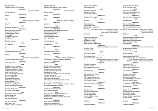Ho tanta fretta...                                                Y tengo tanta prisa...                                  canti e risa, ecco il fior                                        cantos y risas: así es la flor
     Ditegli, piano, che Mimì l’aspetta.                               Dígale, en voz baja, que Mimí lo espera.                d’invariabile amor!                                               de un invariable amor...
                                SERGENTE                                                   SARGENTO                                                           MIMÌ                                                      MIMÍ
                                               (AD UNO CHE PASSA)                                          (A UNO QUE PASA)    Dite bene, dite bene.                                             Dices bien, dices bien.
     Ehi, quel paniere!                                                ¡Eh, esa canasta!                                       Lasciarci conviene.                                               Nos conviene abandonarnos.
                                DOGANIERE                                               ADUANERO                               Fate voi per il meglio.                                           Haz lo que sea mejor.
     Vuoto!                                                            ¡Vacía!                                                                              MARCELLO                                               MARCELLO
                                SERGENTE                                                   SARGENTO                            Sta ben. Ora lo sveglio.                                          Está bien; ahora lo despierto.
     Passi.                                                            Pase.                                                                                  MIMÌ                                                      MIMÍ
                                      (MARCELLO ESCE DAL CABARET)                              (MARCELLO SALE DEL CABARET)     Dorme?                                                            ¿Está dormido?
                                MARCELLO                                                   MARCELLO                                                         MARCELLO                                               MARCELLO
     Mimì?!                                                            ¡¿Mimí?!                                                È piombato qui                                                     Se ha tumbado aquí
                                   MIMÌ                                                      MIMÍ                              un’ora avanti l’alba.                                              una hora antes del amanecer.
     Speravo di trovarti qui.                                          Esperaba encontrarte aquí.                              S’assopi sopra una panca,                                          Está tumbado sobre un banco:
                                                                                                                               guardate.                                                          mira.
                                MARCELLO                                                   MARCELLO
                                                                                                                                             (FA CENNO A MIMÌ DI GUARDARE PER LA FINESTRA    (LE HACE UN GESTO A MIMÍ PARA QUE MIRE POR LA VENTANA
     È ver, siam qui da un mese,                                       Cierto; estamos aquí desde hace un mes,                                                         DENTRO IL CABARET)                                      DENTRO DEL CABARET)
     di quell’oste alle spese.                                         dependemos del posadero.                                                            (MIMÌ TOSSISCE CON INSISTENZA)                                        (MIMÍ TOSE MUCHO)
     Musetta insegna il canto                                          Musetta enseña canto                                    Che tosse!                                                         ¡Qué tos!
     ai passeggieri,                                                   a los transeúntes,
                                                                                                                                                              MIMÌ                                                      MIMÍ
     io pingo quei guerreri                                            yo pinto esos guerrreros
     sulla facciata.                                                   sobre la fachada.                                       Da ieri ho l’ossa rotte.                                          Desde ayer, tengo los huesos rotos.
                                                     (MIMÌ TOSSISCE)                                         (MIMÍ TOSE)       Fuggi da me stanotte                                              Huyó de mí esta noche
     È freddo. Entrate.                                                Hace frío. Entrad.                                      dicendomi: è finita.                                              diciéndome: ‘Hemos terminado’.
                                                                                                                               A giorno sono uscita                                              Por la mañana, he salido
                                   MIMÌ                                                      MIMÍ                              e me ne venni a questa volta.                                     para venir aquí.
     C’è Rodolfo?                                                      ¿Está Rodolfo?
                                                                                                                                                            MARCELLO                                               MARCELLO
                                MARCELLO                                                   MARCELLO                                                      (OSSERVANDO RODOLFO NELL’INTERNO)                      (OBSERVA A RODOLFO, EN EL INTERIOR)
     Sì.                                                               Sí.                                                     Si desta... s’alza.                                               Se despereza, se levanta.
                                   MIMÌ                                                      MIMÍ                              Mi cerca.Viene.                                                   Me busca.Viene.
     Non posso entrar. No! No!                                         No puedo entrar. ¡No, no!                                                              MIMÌ                                                      MIMÍ
                                MARCELLO                                                   MARCELLO                            Ch’ei non mi veda.                                                Que no me vea.
     Perchè?                                                           ¿Por qué?                                                                            MARCELLO                                               MARCELLO
                                   MIMÌ                                                      MIMÍ                              Or rincasate, Mimì.                                               Ahora, vuelve a casa, Mimí;
                                      (SCOPPIA IN PIANTO, DISPERATA)                           (ROMPE A LLORAR, DESESPERADA)   Per carità, non fate scene quà!                                   por caridad, no hagas aquí una escena.
     O buon Marcello! Aiuto! Aiuto!                                    ¡Oh, querido Marcello..., ayúdadme, ayúdadme!                                  (MIMÌ SI NASCONDE DIETRO UN PLATANO.                  (MIMÍ SE ESCONDE DETRÁS DE UN PLÁTANO.
                                MARCELLO                                                   MARCELLO                                                         RODOLFO ACCORRE DAL CABARET)               RODOLFO SALE DEL CABARET, HACIA MARCELLO)
     Cos’è avvenuto?                                                   ¿Qué ha ocurrido?                                                                    RODOLFO                                                RODOLFO
                                   MIMÌ                                                      MIMÍ                              Marcello. Finalmente.                                             Marcello, por fin.
     Rodolfo m’ama e mi fugge.                                         Rodolfo me ama y huye de mí.                            Qui niun ci sente.                                                Aquí no nos oye nadie.
     Rodolfo si strugge per gelosia.                                   Rodolfo se tuerce de celos.                             Voglio separarmi da Mimì.                                         Quiero separarme de Mimí.
     Un passo, un detto, un vezzo,                                     Un paso, un dicho, una caricia,                                                      MARCELLO                                               MARCELLO
     un fior lo mettono in sospetto...                                 una flor suscitan su sospecha...                        Sei volubil così?                                                 ¿Tan voluble eres?
     onde, corricci ed ire.                                            después, gritos e ira.                                                               RODOLFO                                                RODOLFO
     Talor la notte fingo di dormire                                   Una noche, por ejemplo, finjo estar dormida             Già un’altra volta credetti                                       Ya, antes, había creído
     e in me lo sento fiso                                             y lo siento fijo en mí                                  morto il mio cor.                                                 muerto mi corazón
     spiarmi i sogi in viso.                                           espiarme el sueño en la cara.                           Ma di quegli occhi azzurri                                        pero, esos ojos azules
     Mi grida ad ogni istante:                                         Me grita a cada momento:                                allo splendor esso è risorto.                                     con su esplendor, lo reavivaron.
     ‘Non fai per me; ti prendi                                        ¡No lo hagas por mí; búscate otro amante!               Ora il tedio l’ assale...                                         Ahora, el tedio lo asalta...
     un’altro amante’.
                                                                                                                                                            MARCELLO                                               MARCELLO
     Non fai per me. Ahimè!                                            No lo hagas por mí. ¡Ay de mí!
     In lui parla il rovello, lo so;                                   Es el monstruo de los celos quien habla por su boca     E gli vuoi rinnovare il funerale?                                 ¿Y le quieres renovar el funeral?
     ma che rispondergli, Marcello?                                    pero, ¿qué responderle, Marcello?                                                    RODOLFO                                                RODOLFO
                                MARCELLO                                                   MARCELLO
                                                                                                                               Per sempre!                                                       ¡Para siempre!
     Quando s’è come voi                                               Cuando se es como vosotros                                                           MARCELLO                                               MARCELLO
     non si vive in compagnia.                                         no se vive en compañía.                                 Cambia metro.                                                     Cambia de rima.
                                   MIMÌ                                                      MIMÍ
                                                                                                                               Dei pazzi è l’amor tetro                                          De necios es el amor tétrico
     Dite bene. Lasciarci conviene.                                    Decís bien. Nos conviene abandonarnos.                  che lacrime distila;                                              que lágrimas destila;
     Aiutaci, aiutaci voi.                                             ¡Ayúdanos! ¡Ayudadnos vosotros!                         se non ride e sfavilla,                                           si no ríe y se divierte
     Noi s’è provato                                                   Nosotros ya lo hemos intentado otras veces              l’amore è fiacco e roco.                                          el amor es flaco y quebradizo.
     più volte, ma invano.                                             pero, en vano.                                          Tu sei geloso.                                                    Tú eres celoso.
                                                                                                                                                            RODOLFO                                                RODOLFO
                                MARCELLO                                                   MARCELLO
     Son lieve a Musetta,                                              Yo no presiono a Musetta                                Un poco.                                                          Un poco.
     ella è lieve a me,                                                y ella no me presiona a mí,                                                          MARCELLO                                               MARCELLO
     perchè ci amiamo in allegria,                                     porque nos amamos con alegría                           Collerico, lunatico,                                              ¡Colérico, lunático,

34 / La bohème                                                                                                                                                                                                                             La bohème / 35
 