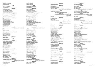imbevuto di pregiudizi,                                      lleno de prejuicios,                                                             MARCELLO                                              MARCELLO
     noioso, cocciuto!                                            ruidoso, testarudo!                                  Ella dunque ascoltava.                                           Ella estaba escuchando.
                                     MIMÌ                                                MIMÍ                                                       RODOLFO                                              RODOLFO
     (Or lo fa incollerire!                                       (Ahora lo va a encolerizar,                          Facile alla paura,                                               Fácil al miedo,
     Me poveretta!)                                               ¡pobre de mí!)                                       per nulla io m’arrovello.                                        por nada me asusto.
                               RODOLFO                                             RODOLFO                             Vien là nel tepore.                                              Ven aquí al calor.
     Mimì è una civetta                                           Mimí es una fresca                                                                (VUOL FARLA ENTRARE NEL CABARET)                (QUIERE HACERLA ENTRAR EN EL CABARET)
     che frascheggia con tutti:                                   que coquetea con todos:                                                             MIMÌ                                                    MIMÍ
     un moscardio di Viscontino                                   un moscardón de vizcondito                           No; quel tanfo mi soffoca.                                       No; ese ambiente cargado me sofoca.
     le fa l’occhio di triglia;                                   le ilumina la mirada;                                            (Dal cabaret s’ode Musetta ridendo)                  (Se oye a Musetta, riendo, dentro del cabaret)
     ella sgonnella e scopre la caviglia                          ella se levanta la falda y le descubre el tobillo
     con un far promettente e lusinghier.                         de una manera provocativa y pícara.                                               RODOLFO                                              RODOLFO

                               MARCELLO                                            MARCELLO
                                                                                                                                    (STRINGE AMOROSAMENTE FRA LE SUE BRACCIA MIMÌ        (ESTRECHA, AMOROSAMENTE, ENTRE SUS BRAZOS A MIMÍ
                                                                                                                                                                    E LA CAREZZA)                                           Y LA ACARICIA)
     Lo devo dir?                                                 ¿Tengo que decírtelo?                                Ah! Mimì!                                                        ¡Ah! ¡Mimí!
     Che non mi sembri sincer.                                    No me pareces sincero.
                                                                                                                                                   MARCELLO                                              MARCELLO
                               RODOLFO                                             RODOLFO
                                                                                                                       È Musetta che ride.                                              Es Musetta quien ríe.
     Ebbene, no; non lo son.                                      Ya. No lo soy.                                       Con chi ride?                                                    ¿Con quién ríe?
     Invan, invan nascondo                                        En vano, en vano escondo                             Ah, la civetta! Imparerai.                                       ¡Ah, descarada! ¡Vas a aprender!
     la mia vera tortura:                                         mi verdadera tortura:                                                                       (CORRE NELLA TAVERNA)                               (CORRE HACIA LA TABERNA)
     amo Mimì sovra ogni cosa                                     amo a Mimí más que a nada
     al mondo, l’amo! ma ho paura.                                en el mundo, ¡la amo! pero tengo miedo.                                             MIMÌ                                                    MIMÍ
     Mimì è tanto malata!                                         ¡Mimí está tan enferma!                                                                (SVINCOLANDOSI DI   RODOLFO)                                (DESASIÉNDOSE DE RODOLFO)
     Ogni dì più declina.                                         Cada día está peor.                                  Addio.                                                           Adiós.
     La povera piccina                                            La pobrecita está condenada...                                                    RODOLFO                                              RODOLFO
     è condannata...                                                                                                   Che! Vai?                                                        ¡Qué! ¿Te vas?
                               MARCELLO                                            MARCELLO                                                           MIMÌ                                                    MIMÍ
                                    (SORPRESO, CON VOCE SORDA)                        (SORPRENDIDO, CON VOZ RONCA)     D’onde lieta uscì al tuo grido                                   De donde feliz respondió a tu llamada
     Mimì?                                                        ¿Mimí?                                               d’amore, torna sola Mimì,                                        de amor, vuelve sola Mimí,
                                     MIMÌ                                                MIMÍ                          al solitario nido                                                al nido solitario
     (Che vuol dire?)                                             (¿Qué quiere decir?                                  ritorna un’altra volta                                           vuelve de nuevo
                               RODOLFO                                             RODOLFO                             a intessier finti fior.                                          a bordar falsas flores.
     Una terribil tosse                                           Una tos terrible                                     Addio senza rancor.                                              Adiós, sin rencor.
     l’esil petto le scuote.                                      su pecho leve sacude.                                —Ascolta, ascolta.                                               —Escucha, escucha:
     Già le smunte gote                                           y sus mejillas se tiñen                              Le pocche robe aduna che lasciai                                 Las pocas cosas que dejé en tu casa,
     di sangue ha rosse...                                        de gotas rojas de sangre...                          sparse. Nel mio cassetto                                         recógelas. En mi cajón
                                                                                                                       stan chiusi quel cerchietto                                      están el anillito de oro
                               MARCELLO                                            MARCELLO
                                                                                                                       d’or e il libro di preghiere.                                    y el libro de oraciones.
     Povera Mimì!                                                 ¡Pobre Mimí!                                         Involghi tutto quanto in un grembiale                            Envuelve todo en un atillo;
                                     MIMÌ                                                MIMÍ                          e manderò il portiere...                                         yo, mandaré al portero...
     (Ahimè! Morirò?)                                             (¡Ay de mí! ¡Moriré!)                                —Bada, sotto il guanciale                                        —Ten cuidado; debajo de la almohada
                               RODOLFO                                             RODOLFO                             c’è la cuffietta rossa,                                          está la gorrita roja,
     La mia stanza è una tana                                     Mi habitación es una guarida                         se vuoi... serbarla a ricordo d’amor...                          si quieres... consérvala como recuerdo de amor...
     squallida. Il fuoco è spento,                                escuálida. El fuego está apagado,                    Addio, senza rancor.                                             Adiós, sin rencor.
     v’entra e l’aggira il vento                                  entra el viento del norte                                                         RODOLFO                                              RODOLFO
     di tramontana.                                               y hace remolinos.                                    Dunque, è proprio finita.                                        Entonces, ya todo ha terminado.
     Essa canta e sorride                                         Ella canta y sonríe                                  Te ne vai, la mia piccina?                                       ¿Te vas, mi palomita?
     e il rimorso m’assale.                                       y el remordimiento me muerde.                        Addio, sogni d’amor!                                             ¡Adiós, sueño de amor!
     Me, cagion del fatale                                        Yo, culpable del mal                                                                MIMÌ                                                    MIMÍ
     mal che l’uccide.                                            faltal que la está matando.                          Addio, dolce svegliare alla mattina!                             ¡Adiós, dulce despertar de la mañana!
                               MARCELLO                                            MARCELLO                                                         RODOLFO                                              RODOLFO
     Che far, dunque?                                             ¿Qué hacer, pues?                                    Addio, sognante vita!                                            ¡Adiós, vida de ensueño!
                                     MIMÌ                                                MIMÍ                                                         MIMÌ                                                    MIMÍ
     (O mia vita! È finita!                                       (¡Oh, mi vida! ¡Se acaba...!                                                                         (SORRIDENDO)                                               (SONRIENDO)
     Ahimè! Morire? [...])                                        ¡Ay de mí! Moriré!)                                  Addio, rabbuffi e gelosie...                                     ¡Adiós, peleas y celos!
                               RODOLFO                                             RODOLFO                                                          RODOLFO                                              RODOLFO
     Mimì di serra è fiore.                                       Mimí, flor de montaña,                               ...che un tuo sorriso acqueta.                                   ... que una sorisa tuya calma.
     Povertà l’ha sfiorita.                                       la pobreza la ha marchitado.                                                        MIMÌ                                                    MIMÍ
     Per richiamarla in vita                                      Para retenerla en la vida                            Addio, sospetti...                                               Adiós, sospechas...
     non basta amore.                                             no basta sólo el amor.                                                            RODOLFO                                              RODOLFO
                               MARCELLO                                            MARCELLO                            Baci.                                                            Besos.
     Poveretta. Povera Mimì! Povera Mimì!                         Pobrecita. ¡Pobre Mimí! ¡Pobre Mimí!                                                MIMÌ                                                    MIMÍ
                                   (MIMÌ SINGHIOZZA E TOSSISCE)                           (MIMÍ TOSE ENTRE SOLLOZOS)   Pungente amarezze...                                             Punzante amargura...
                               RODOLFO                                             RODOLFO                                                          RODOLFO                                              RODOLFO
     Che! Mimì! Tu, qui!                                          ¡Qué! ¡Mimí! ¿Tú, aquí?                              ...ch’io, da vero poeta,                                         ...que yo, como verdadero poeta,
     M’hai sentito?                                               ¿Me has oído?                                        rimavo con carezze.                                              rimaba con dulzura.
36 / La bohème                                                                                                                                                                                                                           La bohème / 37
 