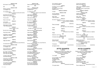 RODOLFO E MIMÌ                                        RODOLFO Y MIMÍ                        Ve ne andate? Vi ringrazio!                                          ¿Te vas? ¡Te lo agradezco!
     Soli, l’inverno è cosa da morire.                                 Solos, el invierno es para morirse.                 Or son ricco divenuto.                                               Ahora me has hecho rico.
                                     MIMÌ                                                  MIMÍ                                                         MUSETTA                                                    MUSETTA
     Soli...                                                           Solos...                                            Fo all’amor con chi mi piace,                                        Hago el amor con quien me apetece,
                               RODOLFO E MIMÌ                                        RODOLFO Y MIMÍ                        non ti garba?                                                        ¿no te gusta?
     Mentre a primavera                                                Mientras que, en primavera,                         Fo all’amor con chi mi piace.                                        Pues, hago el amor con quien quiero.
     c’è compagno il sol.                                              acompaña el sol.                                    Musetta se ne va.                                                    Musetta se va.
                                     MIMÌ                                                  MIMÍ                                                MARCELLO E MUSETTA                                           MARCELLO Y MUSETTA
     C’è compagno il sol.                                              La compañía del sol.                                Vi saluto.                                                           A vuestros pies...
                  (MARCELLO E MUSETTA ESCONO, BISTICCIANDO)                     (MARCELLO Y MUSETTA SALEN, PELEÁNDOSE)                              RODOLFO E MIMÌ                                             RODOLFO Y MIMÍ
                                  MARCELLO                                              MARCELLO                           Vuoi che aspettiam                                                   ¿Quieres que esperemos
     Che facevi? Che dicevi?                                           ¿Qué hacías? ¿Qué decías                            la primavera ancor?                                                  hasta la primavera?
     Presso il fuoco a quel signore?                                   junto al fuego, a aquel señor?                                                   MUSETTA                                                    MUSETTA
                                   MUSETTA                                               MUSETTA                           Signor, addio                                                        Señor: ¡adiós
     Che vuol dire?                                                    ¿Qué quieres decir?                                 vi dico con piacer!                                                  os digo con gran placer!
                                     MIMÌ                                                  MIMÍ                                                         MARCELLO                                                  MARCELLO
     Niuno è solo l’april.                                             Nadie está solo en abril.                           Son servo e me ne vo!                                                ¡Soy siervo, y me largo!
                                                                                                                                        (MUSETTA S’ALLONTANA CORRENDO FURIBONDA,                              (MUSETTA SE ALEJA, CORRIENDO, FURIOSA;
                                  MARCELLO                                              MARCELLO
                                                                                                                                                       POI AD UN TRATTO SI SOFFERMA)                                              DESPUÉS, SE DETIENE)
     al mio venire                                                     En cuanto he llegado yo
     hai mutato di colore.                                             has cambiado de color.                                                           MUSETTA                                                    MUSETTA
                                                                                                                                                                                (GRIDANDO)                                                  (GRITANDO)
                                   MUSETTA                                               MUSETTA
                                                                                                                           Pittore da bottega!                                                  ¡Pintor de tiendas!
     Quel signore mi diceva:                                           Ese señor me decía:
     “Ama il ballo, signorina?”                                        “¿Le gusta bailar, señorita?”                                                    MARCELLO                                                  MARCELLO

                                  RODOLFO                                               RODOLFO
                                                                                                                                                      (DAL MEZZO DELLA SCENA, GRIDANDO)                 (DESDE EL CENTRO DEL ESCENARIO, GRITANDO)
                                                                                                                           Vipera!                                                              ¡Serpiente!
                        Si parla coi gigli e le rose.                    Se habla con los lirios y con las rosas.
                                                                                                                                                        MUSETTA                                                    MUSETTA
                                     MIMÌ                                                  MIMÍ                            Rospo!                                                               ¡Sapo!
     Esce dai nidi un cinguettio gentile.                              Salen de sus nidos las cigüeñitas gentiles.
                                                                                                                                                        MARCELLO                                                  MARCELLO
                                  MARCELLO                                              MARCELLO                                                             (RITORNANDO NELLA TAVERNA)                             (VUELVE A ENTRAR EN LA TABERNA)
     Vana, frivola, civetta!                                           ¡Vana, frívola, desvergonzada!                      Strega!                                                              ¡Bruja!
                                   MUSETTA                                               MUSETTA                                                          MIMÌ                                                         MIMÍ
     arrossendo io rispondevo:                                         Ruborizada, yo respondía:                           Sempre tua... per la vita.                                           Siempre tuya... para toda la vida.
     “Ballerei sera e mattina”.                                        “Bailaría hasta el amanecer”.
                                                                                                                                                    RODOLFO E MIMÌ                                             RODOLFO Y MIMÍ
                                  MARCELLO                                              MARCELLO                           Ci lascierem alla stagion dei fior!                                  Nos abandonaremos en la estación de las flores...
     Quel discorso asconde mire                                        Esas palabras esconden miras
                                                                                                                                                          MIMÌ                                                         MIMÍ
     disoneste.                                                        deshonestas.
                                                                                                                                                                              (CAREZZEVOLE)                                  (ACARICIADORAMENTE)
                                   MUSETTA                                               MUSETTA                           Vorrei che eterno                                                    Quisiera que el invierno
     Voglio piena libertà.                                             Quiero plena libertad.                              durasse il verno!                                                    durase eternamente.
                                  MARCELLO                                              MARCELLO                                             (Cala lentamente il sipario)                            (Lentamente, va cayendo el telón)
                               (QUASI AVVENTANDOSI CONTRO   MUSETTA)                 (ARROJÁNDOSE, CASI, CONTRA MUSETTA)                            RODOLFO E MIMÌ                                             RODOLFO Y MIMÍ
     Io t’acconcio per le feste...                                     Te voy a ajustar las cuentas...                     Ci lascierem                                                         Nos abandonaremos
                               RODOLFO E MIMÌ                                        RODOLFO Y MIMÍ                                                                         (ALLONTANADOSI)                                                (ALEJÁNDOSE)
     Al fiorir di primavera                                            Cuando llegue la primavera                          alla stagion dei fior!                                               en la estación de las flores...
     c’è compagno il sol.                                              nos acompañará el sol.
                                   MUSETTA                                               MUSETTA
     Che mi gridi? Che mi canti?                                       ¿Por qué me gritas? ¿Qué me reprochas?                           ATTO QUARTO                                                  ACTO CUARTO
     All’altar non siamo uniti.                                        No estamos casados.                                                          IN SOFFITTA.                                              EN LA BUHARDILLA.
                                  MARCELLO                                              MARCELLO
     Se ti colgo a incivettire!                                        ¡Si te pesco coqueteando...!                              Marcello sta ancora dinanzi al suo cavalletto come           Marcello, de nuevo, ante su caballete; Rodolfo, en su
     Bada, sotto il mio cappello                                       ¡Ten cuidado! ¡Debajo de este pelo                          Rodolfo sta al suo tavolo.Vorrebbero lavorare,                  mesa. Quisieran trabajar pero no hacen
     non ci stan certi ornamenti.                                      no crecen ciertos ornamentos...!                                   ma non fanno che chiaccherare.                                       más que charlar.
                                   MUSETTA                                               MUSETTA                                                        MARCELLO                                                  MARCELLO
     Io detesto quegli amanti                                          Detesto a los amantes                               In un coupè?                                                         ... ¿en un carruaje?
     che la fanno da mariti.                                           que actúan como maridos.                                                         RODOLFO                                                    RODOLFO
                               RODOLFO E MIMÌ                                        RODOLFO Y MIMÍ                        Con una pariglia e livree.                                           Con un criado de librea.
     Chiacchieran le fontane,                                          Rumorean las fontanas,                              Mi salutò ridendo.                                                   Me saludó riendo.
     le brezza della sera balsami                                      la brisa de la tarde, como un bálsamo,              Tò Musetta -le dissi-                                                ¡Eh, Musetta! -le dije-
     stende sulle goglie umane.                                        se extiende sobre las penas humanas.                e il cuor?                                                           ¿y el corazón?
                                  MARCELLO                                              MARCELLO                           “Non batte o non lo sento                                            “No late, o yo no lo oigo,
     Io non faccio di zimbello                                         No voy a ser el hazmerreír                          grazie al velluto che il copre”.                                     gracias al terciopelo que lo cubre”.
     ai novizi intraprendenti.                                         de tus nuevos pretendientes.                                                     MARCELLO                                                  MARCELLO
     Vana, frivola, civetta!                                           ¡Vana, frívola, desvergonzada!                                                             (SFORZANDOSI PER RIDERE)                                    (ESFORZÁNDOSE POR REÍR)
                                                                                                                           Ci ho gusto davver.                                                  Pues, me alegro por ella.
38 / La bohème                                                                                                                                                                                                                                  La bohème / 39
 