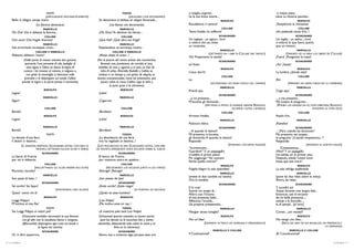 TUTTI                                                  TODOS                               o meglio, argento,                                            -o mejor, plata-
                                 (APPLAUDONO ENTUSIASTICAMENTE)                             (APLAUDEN, CON ENTUSIASMO)       ha la sua brava istoria...                                    tiene su historia peculiar...
     Bello in allegra vampa svanir.                                  Se desvanece la belleza en alegre llamarada...                                       RODOLFO                                            RODOLFO
                         (La fiamma diminuisce)                             (Las llamas van decreciendo)                     Riscaldiamo il camino!                                        ¡Templemos la chimenea!
                                MARCELLO                                               MARCELLO                                                           COLLINE                                             COLLINE
     Oh, Dio! Già si abbassa la fiamma...                            ¡Oh, Dios! Ya declinan las llamas...                    Tanto freddo ha sofferto!                                     ¡Ha padecido tanto frío...!
                                 COLLINE                                                COLLINE                                                        SCHAUNARD                                           SCHAUNARD
     Che vano! Che fragile dramma!                                   ¡Qué fútil! ¡Qué obra tan frágil!                       Un inglese... un signor... lord                               Un inglés... un señor...; lord
                                MARCELLO                                               MARCELLO
                                                                                                                             o milord che sia, volea                                       o milord, lo que fuera, quería
     Già scricchiola, increspasi, muor...                            Resplandece, se encrespa, muere...                      un musicista...                                               que un músico...
                                                                                                                                                          MARCELLO                                          MARCELLO
                         COLLINE E MARCELLO                                       COLLINE E MARCELLO
     Abbasso, abbasso l’autor!                                        ¡Abajo, abajo el autor...!                                            (GETTANDO VIA I LIBRI DI COLLINE DAL TAVOLO)           (TIRANDO DE LA MESA LOS LIBROS DE COLLINE)
                                                                                                                             Via! Prepariamo la tavola!                                    ¡Fuera! ¡Pongamos la mesa!
              (Dalla porta di mezzo entrano due garzoni,            (Por la puerta del centro entran dos muchachos,                                    SCHAUNARD                                           SCHAUNARD
               portando l’uno provviste di cibi, bottiglie di          llevando uno, provisiones de comida; el otro,         Io? Volo!                                                     ¿Yo? ¡Vuelo!
                vino, sigari; e l’altro, un fascio di legna. Al       botellas de vino y cigarros y, el otro, un haz de                                   RODOLFO                                            RODOLFO
              rumore i tre innanzi al camino, si volgono e,            leña. Al oirlos, Marcello, Rodolfo y Colline se       L’esca dov’è?                                                 La lumbre, ¿dónde está?
                con grida di meraviglia si slanciano sulle           vuelven a un tiempo y, con gritos de alegría, se
                                                                                                                                                          COLLINE                                             COLLINE
               provviste e le depongono sul tavolo. Colline         lanzan, entusiasmados, hacia las provisiones, que        Là.                                                           Ahí.
            prende la legna e la porta presso il caminetto)            ponen sobre la mesa. Colline coge la leña y                               (ACCENDONO UN GRAN FUOCO SUL CAMINO)                (PRENDEN UN GRAN FUEGO EN LA CHIMENEA)
                                                                               la pone junto a la chimenea)
                                                                                                                                                          MARCELLO                                          MARCELLO
                                RODOLFO                                                RODOLFO                               Prendi qua.                                                   Coge aquí
     Legna!                                                          ¡Leña!
                                                                                                                                                       SCHAUNARD                                           SCHAUNARD
                                MARCELLO                                               MARCELLO                              ...e mi presento...                                           ... y me presento...
     Sigari!                                                         ¡Cigarros!                                              M’accetta, gli domando...                                     Me acepta, le pregunto...
                                                                                                                                           (METTONO A POSTO LE VIVANDE, MENTRE RODOLFO       (PONEN LAS VIANDAS EN SU SITIO; MIENTRAS, RODOLFO
                                 COLLINE                                                COLLINE                                                               ACCENDE L’ALTRA CANDELA)                                  ENCIENDE LA OTRA VELA)
     Bordò!                                                          ¡Burdeos!                                                                            COLLINE                                             COLLINE
                                RODOLFO                                                RODOLFO                               Arrosto freddo.                                               Asado frío.
     Legna!                                                          ¡Leña!                                                                               MARCELLO                                          MARCELLO
                                                                                                                             Pasticcio dolce.                                              ¡Pasteles!
                                MARCELLO                                               MARCELLO                                                        SCHAUNARD                                           SCHAUNARD
     Bordò!                                                          ¡Burdeos!                                               ... A quando le lezioni?                                      ... ‘¿Para cuándo las lecciones?’
                                  TUTTI                                                  TODOS                               Mi presento, m’accetta,                                       Me presento, me acepta,
     Le dovizie d’una fiera                                           ¡La abundancia de una feria                            gli domando:A quando le lezioni?                              le pregunto:‘¿Cuándo empezamos...?’
     il destin ci destinò...                                          nos ha regalado el destino...!                         Risponde:                                                     Responde:
              (IL GARZONI PARTONO. SCHAUNARD ENTRA CON ARIA DI       (LOS MUCHACHOS SE VAN. SCHAUNARD ENTRA, CON AIRE                                     (IMITANDO L’ACCENTO INGLESE)                               (IMITANDO EL ACENTO INGLÉS)
                         TRIONFO, GETTANDO ALCUNI SCUDI A TERRA)    DE TRIUNFO, ARROJANDO UNOS ESCUDOS SOBRE EL SUELO)       “Incominciam...                                                     ‘Comenzamos...
                                                                                                                             Guardare!” E un pappagallo                                    ¡Mire!’ Y un papagallo
                               SCHAUNARD                                              SCHAUNARD
                                                                                                                             m’addita al primo piano.                                      me señala, en el primer piso.
     La banca di Francia                                             El banco de Francia                                     Poi soggiunge: “Voi suonare                                   Después, añade: ‘Usted tocar
     per voi si sbilancia.                                           por vosotros entra en quiebra...                        finchè quello morire!”                                        hasta que ése morir’.
                                 COLLINE                                                COLLINE
                                                                                                                                                          RODOLFO                                            RODOLFO
                       (RACCATTANDO GLI SCUDI INSIEME AGLI ALTRI)         (RECOGIENDO LOS ESCUDOS JUNTO A LOS OTROS)         Fulgida folgori la sala splendida!                            La sala refulge espléndida
     Raccatta, raccatta!                                             ¡Recoge! ¡Recoge!
                                                                                                                                                          MARCELLO                                          MARCELLO
                                MARCELLO                                               MARCELLO
                                                                                                                             (mette le due candele sul tavolo)                             (pone las dos velas sobre la mesa)
     Son pezzi di latta...!                                          ¡Son piezas de lata!                                    Ora le candele.                                               Ahora, las velas.
                               SCHAUNARD                                              SCHAUNARD
                                                                                                                                                       SCHAUNARD                                           SCHAUNARD
     Sei sordo? Sei lippo?                                           ¿Estás sordo? ¿Estás ciego?                             E fu così:                                                    Y sucedió así:
                                            (MOSTRANDO UNO SCUDO)                                   (LE MUESTRA UN ESCUDO)   Suonai tre lunghi dì...                                       Toqué durante tres largos días...
     Quest’ uomo chi è?                                              ¿Quién es este hombre?                                  Allora usai l’incanto                                         Entonces, usé el encanto
                                RODOLFO                                                RODOLFO                               di mia presenza bella...                                      de mi bella presencia...,
     Luiggi Filippo!                                                 ¡Luis Felipe!                                           Affascinai l’ancella...                                       seduje a la doncella...,
     M’inchino al mio Re!                                            ¡Me inclino ante mi rey...!                             Gli propinai prezzemolo...                                    le dí perejil... [al loro]
                                  TUTTI                                                  TODOS                                                            MARCELLO                                          MARCELLO
     Sta Luiggi Filippo ai nostri piè!                               ¡A nuestros piés está Luis Felipe!                      Mangiar senza tovaglia?                                       Comer... ¿sin mantel?
             (Schaunard vorrebbe raccontare la sua fortuna           (Schaunard querría contarles su buena suerte,                                        RODOLFO                                            RODOLFO
              ma gli altri non lo ascoltano.Vanno e vengono,          pero los demás no lo escuchan.Van y vienen             No: un’idea!                                                  No; tengo una idea...
             affaccendati, dispongono ogni cosa sul tavolo e         atareados, disponiendo todo sobre la mesa y, la                     (LEVANDO DI TASCA UN GIORNALE E SPIEGANDOLO)          (SACA, DE UNO DE SUS BOLSILLOS, UN PERIÓDICO; Y
                            la legna nel camino)                                  leña, en la chimenea)                                                                                                                          LO DESPLIEGA)

                               SCHAUNARD                                              SCHAUNARD                                                   MARCELLO E COLLINE                                    MARCELLO E COLLINE
     Or vi dirò: quest’oro,                                          Ahora voy a contaros algo, porque este oro              Il Costituzional!                                             ¡El Constitucional!

6 / La bohème                                                                                                                                                                                                                            La bohème / 7
 