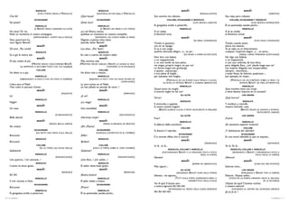 RODOLFO                                                 RODOLFO                                                         BENOÎT                                                  BENOÎT
                                   (CON STUPOR, PIANO, A   MARCELLO)                     (ASUSTADO, EN VOZ BAJA, A MARCELLO)                                                (RINGALLUZZITO)                                             (ASERTIVO)
     Che fai?                                                           ¿Qué haces?                                            Son vecchio ma robusto.                                          Soy viejo, pero robusto.
                                 SCHAUNARD                                               SCHAUNARD                                         COLLINE, SCHAUNARD E RODOLFO                             COLLINE, SCHAUNARD Y RODOLFO
     Sei pazzo?                                                         ¿Estás loco?                                                                              (CON IRONICA GRAVITÀ)                                  (CON IRÓNICA ADMIRACIÓN)
                                 MARCELLO                                                 MARCELLO                             Ei gongolava arzillo e pettorillo.                               Él se pavoneaba, sacaba pecho...
                                 (A BENOÎT, SENZA GUARDARE GLI ALTRI)                      (A BENOÎT, SIN MIRAR A LOS OTROS)                             MARCELLO                                                MARCELLO
     Ha visto? Or via.                                                  ¿Lo ve? Ahora, vamos,                                  A lui cedea                                                      A él se rendía
     Resti un momento in nostra compagnia.                              quédese un momento en nuestra compañía.                la femminil virtù.                                               la femenina virtud.
                             (APPOGGIANDO I GOMITI SULLA TAVOLA)                       (APOYANDO LOS CODOS SOBRE LA MESA)                                 BENOÎT                                                  BENOÎT
     Dica: quant’anni ha,                                               Dígame: ¿cuántos años tiene,                                                                  (IN PIENA CONFIDENZA)                                    (CON PLENA CONFIANZA)
     caro Signor Benoit?                                                querido señor Benoît?                                  Timido in giuventù,                                              Tímido cuando joven;
                                BENOÎT                                                     BENOÎT                              ora mi ne ripiago.                                               ahora me resarzo.
     Gli anni... Per carità!                                            Los años... ¡Por favor!                                Si sa, è uno svago                                               Ya se sabe, es un divertimento
                                  RODOLFO                                                 RODOLFO                              qualche donnetta allegra... e... un po’...                       cualquier mujercita alegre... y ... un poco...
     Su e giù la nostra età.                                             Es, más o menos, de nuestra edad.                                                    (ACCENNA A FORME ACCENTUATE)                    (DIBUJA CURVAS FEMENINAS ACENTUADAS)
                                   BENOÎT                                                 BENOÎT
                                                                                                                               Non dico una balena                                              No digo una ballena
     Di più, molto di più.                                               Más; muchos más.                                      o un mappamondo                                                  o un mapamundi,
                                                                                                                               o un viso tondo da luna piena,                                   o una cara redonda, de luna llena,
                            (MENTRE FANNO CHIACCHIERARE BENOÎT,         (MIENTRAS HACEN HABLAR A BENOÎT, LE LLENAN EL VASO
                 GLI RIEMPONO IL BICCHIERE TOSTO CHE L’HA vuotato)                              CONFORME LO VA VACIANDO)
                                                                                                                               ma magra, proprio magra, no, poi, no!                            pero, delgada, flaca... ¡no! ¡desde luego que no!
                                                                                                                               Le donne magre son grattacapi                                    Las mujeres delgadas son insoportables
                                   COLLINE                                                 COLLINE                             e spesso... sopraccapi...                                        siempre... neuróticas...
     Ha detto su e giù.                                                 Ha dicho más o menos...                                e son piene di doglie...                                         y están llenas de dolores, quejicosas...;
                                 MARCELLO                                                 MARCELLO                             per esempio, mia moglie...                                       por ejemplo, mi mujer...
                 (ABBASSANDO LA VOCE E CON UN TONO DI FURBERIA)                 (BAJANDO LA VOZ Y CON UN TONO PÍCARO, DE                     (MARCELLO, DA UN PUGNO SULLA TAVOLA E SI ALZA;          (MARCELLO DA UN PUÑETAZO SOBRE LA MESA Y SE
                                                                                                              COMPLICIDAD)
                                                                                                                                         GLI ALTRI, LO IMITANO. BENOÎT LI GUARDA, SBARDOLITO)                 LEVANTA; BENOÎT LES MIRA, ESTUPEFACTO)
     L’altra sera al Mabil                                              La otra noche, en el Mabil,
     l’han colto in peccato d’amor.                                     ¡lo han pillado en pecado de amor...!                                            MARCELLO                                                MARCELLO
                                                                                                                               Quest’uomo ha moglie                                             ¡Este hombre tiene una mujer
                                   BENOÎT                                                 BENOÎT
                                                                                                                               e sconcie voglie ha nel cor!                                     y tiene deseos impuros en el corazón!
                                                           (INQUIETO)                                           (NERVIOSO)
     Io?                                                                ¿A mí?                                                                            GLI ALTRI                                             LOS DEMÁS
                                                                                                                               Orror!                                                           ¡Qué horror!
                                 MARCELLO                                                 MARCELLO
     Neghi!                                                             ¿Lo niega?                                                                        RODOLFO                                                RODOLFO
                                                                                                                               E ammorba, e appesta                                             Y envilece, y mancilla
                                   BENOÎT                                                  BENOÎT
                                                                                                                               la nostra onesta magion.                                         nuestra honrada casa.
     Un caso.                                                           Una casualidad.                                            (BENOÎT, ALLIBITO, SI ALZA E TENTA INUTILMENTE DI PARLARE)                  (BENOÎT, PÁLIDO, SE LEVANTA E INTENTA,
                                 MARCELLO                                                 MARCELLO                                                                                                                             INÚLTILMENTE, HABLAR)
                                                     (LUSINGANDOLO)                                          (ADULÁNDOLO)                                 GLI ALTRI                                             LOS DEMÁS
     Bella donna!                                                       ¡Hermosa mujer!                                        Fuor!                                                            ¡Fuera!
                                   BENOÎT                                                  BENOÎT                                                        MARCELLO                                                MARCELLO
                                               (MEZZO BRILLO, SUBITO)                         (MEDIO ILUMINADO, DE PRONTO)     Si abbruci dello zucchero!                                       ¡Es necesario esparcir incienso!
     Ah, molto!                                                         ¡Ah! ¡Mucho!
                                                                                                                                                          COLLINE                                                 COLLINE
                                 SCHAUNARD                                              SCHAUNARD                              Si discacci il reprobo.                                          ¡Y deshacerse del réprobo!
                                  (GLI BATTE UNA MANO SULLA SPALLA)                     (DÁNDOLE GOLPECITOS EN EL HOMBRO)                                SCHAUNARD                                             SCHAUNARD
     Briccone!                                                          ¡Pillín!                                               È la morale offesa che vi scaccia!                               Es una moral ofendida la que os expulsa...
                                  RODOLFO                                                 RODOLFO
                                                                                                                                                         BENOÎT                                                  BENOÎT
     Briccone!                                                          ¡Bribón!
                                                                                                                                                                                 (GRIDANDO)                                            (GRITANDO)
                                   COLLINE                                                COLLINE                              Io di... io di...                                                Yo di..Yo di...
                                     (FA LO STESSO SULL’ALTRA SPALLA)                (HACE LO MISMO, SOBRE EL OTRO HOMBRO)                    RODOLFO, COLLINE Y MARCELLO                             RODOLFO, COLLINE Y MARCELLO
     Seduttore!                                                         ¡Seductor!
                                                                                                                                       (CIRCONDANDO BENOÎT E LO SPINGONO POCO A POCO                    (RODEANDO A BENOÎT Y EMPUJÁNDOLO, POCO A
                                 MARCELLO                                                 MARCELLO                                                                        VERSO LA PORTA)                                   POCO, HACIA LA PUERTA)
                                                     (MAGNIFICANDO)                                         (MAGNIFICANDO)     Silenzio!                                                        ¡Silencio!
     Una quercia...! Un cannone...!                                     ¡Una fiera...! ¡Un cañón...!                                                    BENOÎT                                                   BENOÎT
                                  RODOLFO                                                 RODOLFO                                                                 (SEMPRE PIÙ SBARDOLITO)                                  (CADA VEZ MÁS ATÓNITO)
     L’uomo ha boun gusto.                                              El señor tiene buen gusto.                             Miei signori...                                                  Señores míos...
                                   BENOÎT                                                BENOÎT                                                           GLI ALTRI                                             LOS DEMÁS
                                                           (RIDENDO)                                              (RIÉNDOSE)                           (SPINGENDO BENOÎT FUORI DELLA PORTA)                         (EMPUJANDO A BENOÎT POR LA PUERTA)
     Eh! Eh!                                                            ¡Bueno, bueno!                                         Silenzio... via signore...                                       Silencio...Váyase, señor...
                                 MARCELLO                                                 MARCELLO                                                    (TUTTI SULLA PORTA GUARDANDO VERSO IL          (TODOS EN LA PUERTA, MIRANDO HACIA EL RELLANO
     Il crin ricciuto e fulvo.                                          El pelo rizado y hueco.                                                                   PIANEROTTOLO DELLA SCALA)                                            DE LA ESCALERA)
                                 SCHAUNARD                                               SCHAUNARD
                                                                                                                               Via di qua! E buona sera                                         ¡Váyase de aquí! Y, buenas noches
     Briccone!                                                          ¡Pícaro!                                               a vostra signoria! Ah! Ah! Ah!                                   a vuestra señoría!
                                                                                                                                                (RITORNANDO AL MEZZO DELLA SCENA, RIDENDO)               (VOLVIENDO AL CENTRO DEL ESCENARIO, RIENDO)
                                 MARCELLO                                                 MARCELLO
                                                                                                                               Ah! Ah! Ah! Ah!                                                  ¡Ja, ja, ja, ja...!
     Ei gongolava arzillo e pettoruto.                                  Él se pavoneaba, sacaba pecho...
10 / La bohème                                                                                                                                                                                                                                La bohème / 11
 