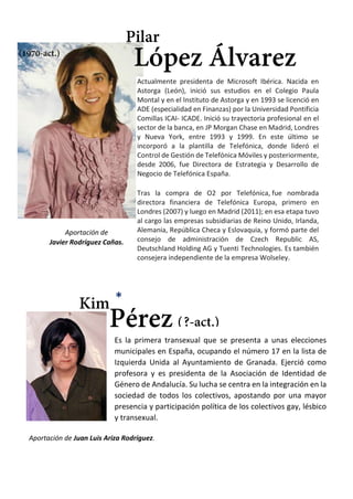 45
Es la primera transexual que se presenta a unas elecciones
municipales en España, ocupando el número 17 en la lista de
Izquierda Unida al Ayuntamiento de Granada. Ejerció como
profesora y es presidenta de la Asociación de Identidad de
Género de Andalucía. Su lucha se centra en la integración en la
sociedad de todos los colectivos, apostando por una mayor
presencia y participación política de los colectivos gay, lésbico
y transexual.
Kim
Pérez
*
Aportación de Juan Luis Ariza Rodríguez.
Actualmente presidenta de Microsoft Ibérica. Nacida en
Astorga (León), inició sus estudios en el Colegio Paula
Montal y en el Instituto de Astorga y en 1993 se licenció en
ADE (especialidad en Finanzas) por la Universidad Pontificia
Comillas ICAI- ICADE. Inició su trayectoria profesional en el
sector de la banca, en JP Morgan Chase en Madrid, Londres
y Nueva York, entre 1993 y 1999. En este último se
incorporó a la plantilla de Telefónica, donde lideró el
Control de Gestión de Telefónica Móviles y posteriormente,
desde 2006, fue Directora de Estrategia y Desarrollo de
Negocio de Telefónica España.
Tras la compra de O2 por Telefónica, fue nombrada
directora financiera de Telefónica Europa, primero en
Londres (2007) y luego en Madrid (2011); en esa etapa tuvo
al cargo las empresas subsidiarias de Reino Unido, Irlanda,
Alemania, República Checa y Eslovaquia, y formó parte del
consejo de administración de Czech Republic AS,
Deutschland Holding AG y Tuenti Technologies. Es también
consejera independiente de la empresa Wolseley.
Pilar
López Álvarez(1970-act.)
Aportación de
Javier Rodríguez Cañas.
(?-act.)
 