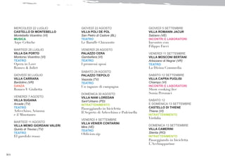 10
MERCOLEDÌ 22 LUGLIO
CASTELLO DI MONTEBELLO
Montebello Vicentino (VI)
MUSICA
Arpe Celtiche
MARTEDÌ 28 LUGLIO
VILLA DA PORTO
Montorso Vicentino (VI)
TEATRO
Opera in Love
Romeo & Juliet
GIOVEDÌ 30 LUGLIO
VILLA CARRARA
Bardolino (VR)
DANZA
Romeo Y Giulietta
VENERDÌ 7 AGOSTO
VILLA SUGANA
Arcade (TV)
TEATRO
Arlecchino, Arianna
e il Minotauro
MARTEDÌ 11 AGOSTO
VILLA MEMO GIORDANI VALERI
Quinto di Treviso (TV)
TEATRO
El garofolo rosso
GIOVEDÌ 22 AGOSTO
VILLA POLI DE POL
San Pietro di Cadore (BL)
TEATRO
Le Baruffe Chiozzotte
VENERDÌ 28 AGOSTO
PALAZZO CERA
Gambellara (VI)
TEATRO
I promessi sposi
SABATO 29 AGOSTO
PALAZZO TIEPOLO
Vazzola (TV)
TEATRO
Un ragazzo di campagna
DOMENICA 30 AGOSTO
VILLA NANI LOREDAN
Sant’Urbano (PD)
INTRATTENIMENTO
Passeggiando in bicicletta
Il Segreto di Arlecchino e Pulcinella
VENERDÌ 4 SETTEMBRE
VILLA VENIER CONTARINI
Mira (VE)
TEATRO
Oblivion.zip
GIOVEDÌ 5 SETTEMBRE
VILLA ROMANIN JACUR
Salzano (VE)
INCONTRI E LABORATORI
Incontro con
Filippo Facci
VENERDÌ 11 SETTEMBRE
VILLA MOSCONI BERTANI
Arbizzano di Negrar (VR)
TEATRO
La Divina Commedia
SABATO 12 SETTEMBRE
VILLA CAPRA PUGLISI
Chiampo (VI)
INCONTRI E LABORATORI
Show cooking live
Sonia Peronaci
SABATO 12
E DOMENICA 13 SETTEMBRE
CASTELLO DI THIENE
Thiene (VI)
INTRATTENIMENTO
Virdalia
DOMENICA 13 SETTEMBRE
VILLA CAMERINI
Stienta (RO)
INTRATTENIMENTO
Passeggiando in bicicletta
L’Acchiapparime
 