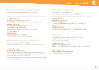 45
Piccolo Festival del FriuliVenezia Giulia
www.vivaticket.it| info@piccolofestival.org | 366 4218001
10 Luglio | Ore 21.30
MARIO DEL MONACO OMAGGIO
Castelli di Miramare |Trieste (TS) • ingresso:intero €15,ridotto €10
11 Luglio | Ore 20.30
MASCOUILISSE QUARTETT
QUARTETTO DI TROMBONI
Mulino di Giusto | Reana del Rojale (UD) • ingresso libero
12 Luglio | Ore 18.30
CLARICORO
ENSEMBLE DI CLARINETTI
Castello di Zucco | Faedis (UD) • ingresso libero
Ville e dimore storiche nel Medio Friuli
pic@comune.codroipo.ud.it | 0432 824692
www.turismomediofriuli.it | www.codroipocuorelivemediofriuli.com
12 luglio • 5 settembre
MUSICA IN VILLA 2015
Manifestazione organizzata in collaborazione con Itineraria,prevede
l’apertura di alcune ville e dimore di particolare valore storico ed artistico
presenti sul nostro territorio con visite guidate.
Previsti eventi culturali collaterali,come mostre,drammatizzazioni,musica e
animazioni per bambini.
17 Luglio | Ore 21.00
L’AVARO DI MOLIERE
TEATRO IN VILLA
COMPAGNIA TEATRALE IL MOSAICO DI ROVIGO
31 Luglio | Ore 21.00
VILLAN PEOPLE
COMPAGNIA TEATRALE PANTAKIN DI VENEZIA
VillaThiene
Via degli Eroi, 105 - QuintoVicentino (VI) | 0444 356173
cultura.istituzione@comune.quintovicentino.vi.it
www.comune.quintovicentino.vi.it
1 Agosto | Ore 21.00
GRAN GALÀ DELL’OPERA
ASSOCIAZIONE CHORI CANTICUM E VICENZA LIRICA
2 Agosto | Ore 21.00
UNA TONNELLATA DI SOLDI
COMPAGNIA LA TRAPPOLA
Villa Memo GiordaniValeri
Piazza Roma, 2 - Quinto diTreviso (TV)
segreteria@comune.quintoditreviso.tv.it | 0422 472311
...LA MAGIA CONTINUA
 