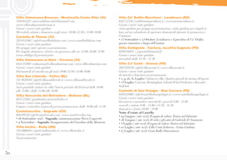 52
Villa Valmarana Bressan - Monticello Conte Otto (VI)
3395361523 | marcoabbatecola@katamail.com
www.villavalmaranabressan.it
Giorni e orari visite guidate:
Mercoledì, sabato e domenica negli orari :10:00-12:30 e 15:00-18:00
Castello di Thiene (VI)
329 8541962 | info@castellodithiene.com | www.castellodithiene.com
Giorni e orari visite guidate:
Per gruppi: tutti i giorni su prenotazione
Per singoli: domenica e festivi con partenza alle ore 15:00, 16:00, 17:00
senza obbligo di prenotazioni
Villa Valmarana ai Nani - Vicenza (VI)
0444 321803 | valmarana@villavalmarana.com | www.villavalmarana.com
Giorni e orari visite guidate:
Dal martedì al venerdì con gli orari 10:00-12:30 e 15:00-18:00
Villa San Liberale - Feltre (BL)
347 9676850 | info@villasanliberale.it | www.villasanliberale.it
Giorni e orari visite guidate:
Sarà possibile visitare la villa l’intero periodo del Festival dalle 10:00
alle 15:00 e dalle 15:00 alle 19:00
Villa Vescovile del Belvedere - Belluno (BL)
0437 25262 | gianbattita.marson@alice.it
Giorni e orari visite guidate:
Giugno e settembre il giovedì previa prenotazione dalle 10.00 alle 11:30
Castelvecchio - Sagrado (GO)
048199742| info@castelvecchio.com | www.castelvecchio.com
• 18 Settembre 2015 - Sagrado: commemorazione Parco Ungaretti
• 4 Novembre - Sagrado: Inaugurazione del Giardino della Memoria
Villa Iachia - Ruda (UD)
339 2006646 | info@viallaiachia.it | www.villaiachia.it
Giorni e orari visite guidate:
Su prenotazione
Villa Ca’ Dolfin Marchiori - Lendinara (RO)
0425 21530 | cedi@turismocultura.it | www.turismocultura.it
Giorni e orari visite guidate:
visita guidata per gruppi su prenotazione, visita guidata per singoli in
base ad un calendario di aperture domenicali durante la primavera e
l’autunno
• 13 Settembre e 4 Ottobre: Lendinara e il giardino di Ca’ Dolfin,
spazio romantico e luogo dell’anima
Villa Codignola - Cartura, località Cagnola (PD)
0499556078 | f.gosetti@hotmail.fr
Giorni e orari visite guidate:
mercoledì dalle 14.30 - 17.30
Villa Ca’ Conti - Granze (PD)
389 2370310 | info@villacaconti.it | www.villacaconti.it
Giorni e orari visite guidate:
da lunedì a domenica su prenotazione
• 2, 9, 16, 30 Luglio: Cinema in villa; Quattro giovedì di cinema all’aperto
• 23 Luglio: Concerto;Birmingham SchoolsWind Orchestra e Recorder
Sinfonia
Castello di San Pelagio - Due Carrare (PD)
0499125008 | info@castellodisanpelagio.it | www.castellodisanpelagio.it
Giorni e orari visite guidate:
Da marzo a novembre: mercoledì e giovedì 9.00 - 13.00
venerdì e sabato 9.00 - 13.00 e 14.30 - 18.30
domenica e festivi 10.00 - 19.00
Notte d’estate al Castello
• 19 Giugno | ore 21:15: Il sogno di volare.Teatro nel labirinto
• 26 Giugno | ore 21:15: Il cielo e gli astri di Gabriele D’Annunzio
• 3 Luglio | ore 21:15: Il sogno di volare.Teatro nel labirinto
• 10 Luglio | ore 21:15: Villa Conti Zaborra -Visita Guidata
• 17 Luglio | ore 21:15: Gran Ballo Ottocentesco
 